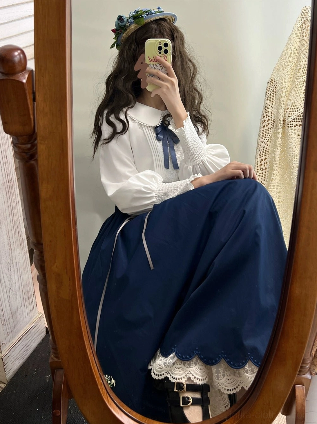 Countess's Autumn Travel lolita blouse detail featuring mutton sleeves delicate lace chest trim Peter Pan collar and back button closure