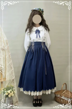 Countess's Autumn Travel vintage lolita blouse and petal skirt set full-body front view with classic Mary Jane shoes and floral hair ornament