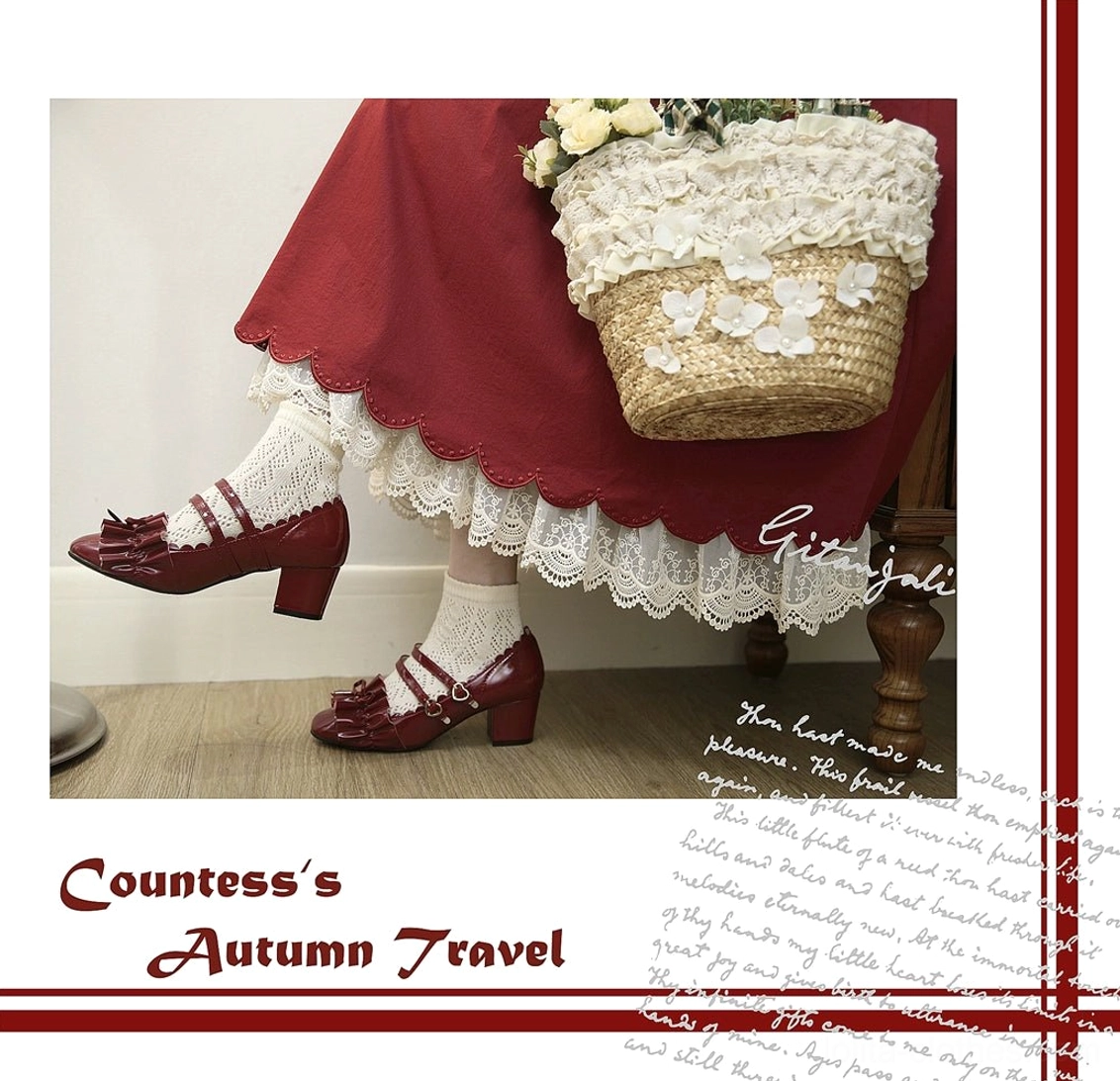 Countess's Autumn Travel brand poster detail showcase featuring scalloped lace skirt hem vintage shoes lace socks and flower basket