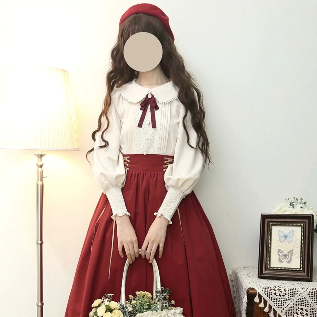 Vintage lolita shirt and skirt complete set styled with burgundy beret wine red Mary Jane shoes and ruffled lace hem