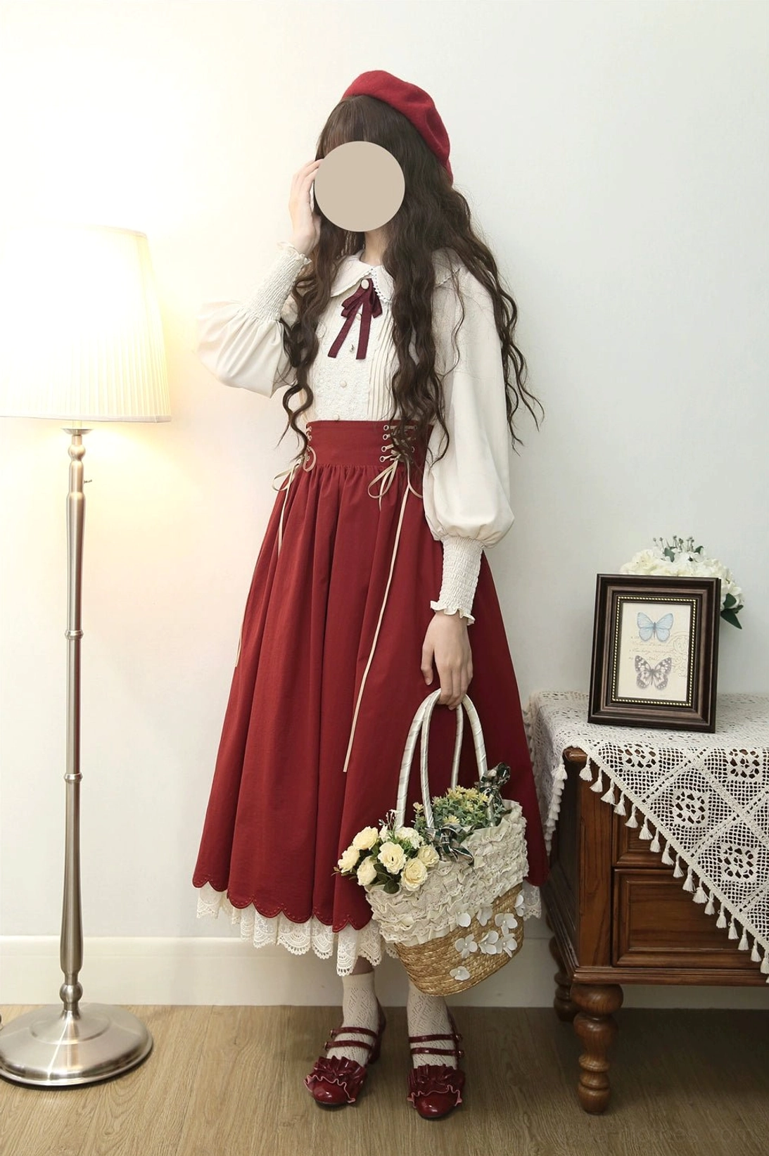 Vintage lolita outfit full display with burgundy beret white blouse burgundy skirt lace socks and classic Mary Jane shoes