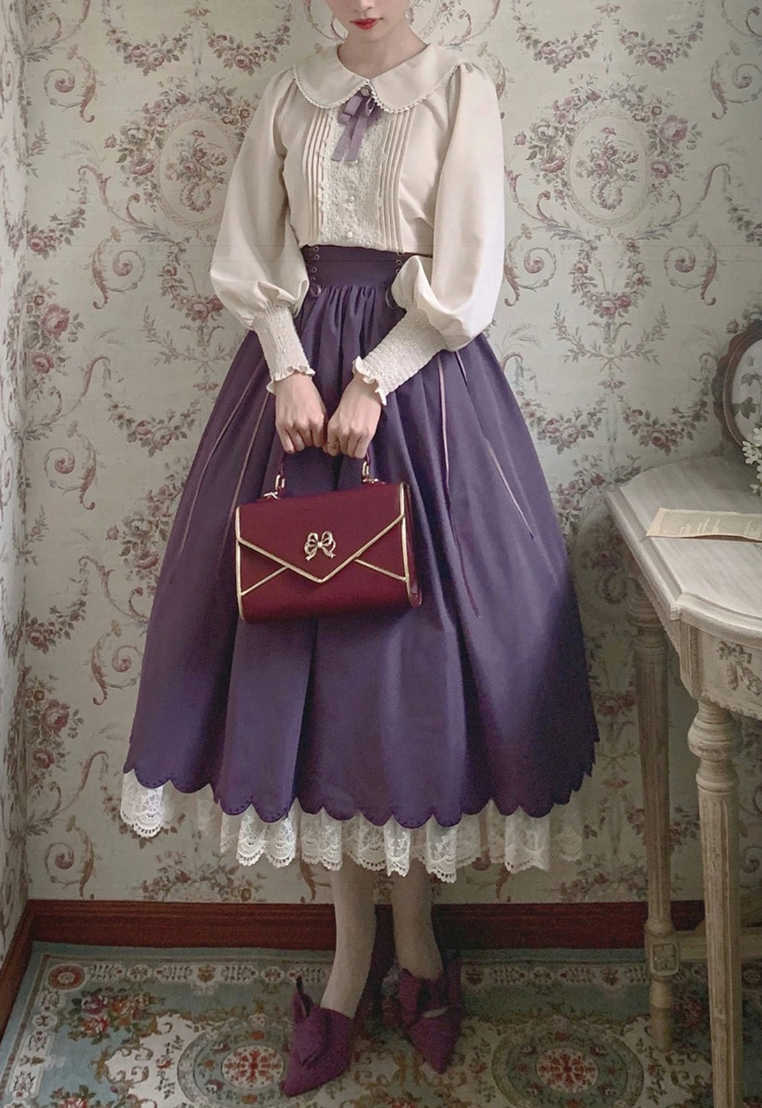 Countess's Autumn Travel vintage lolita complete set laid flat showing blouse petal skirt matching brooch included in bundle