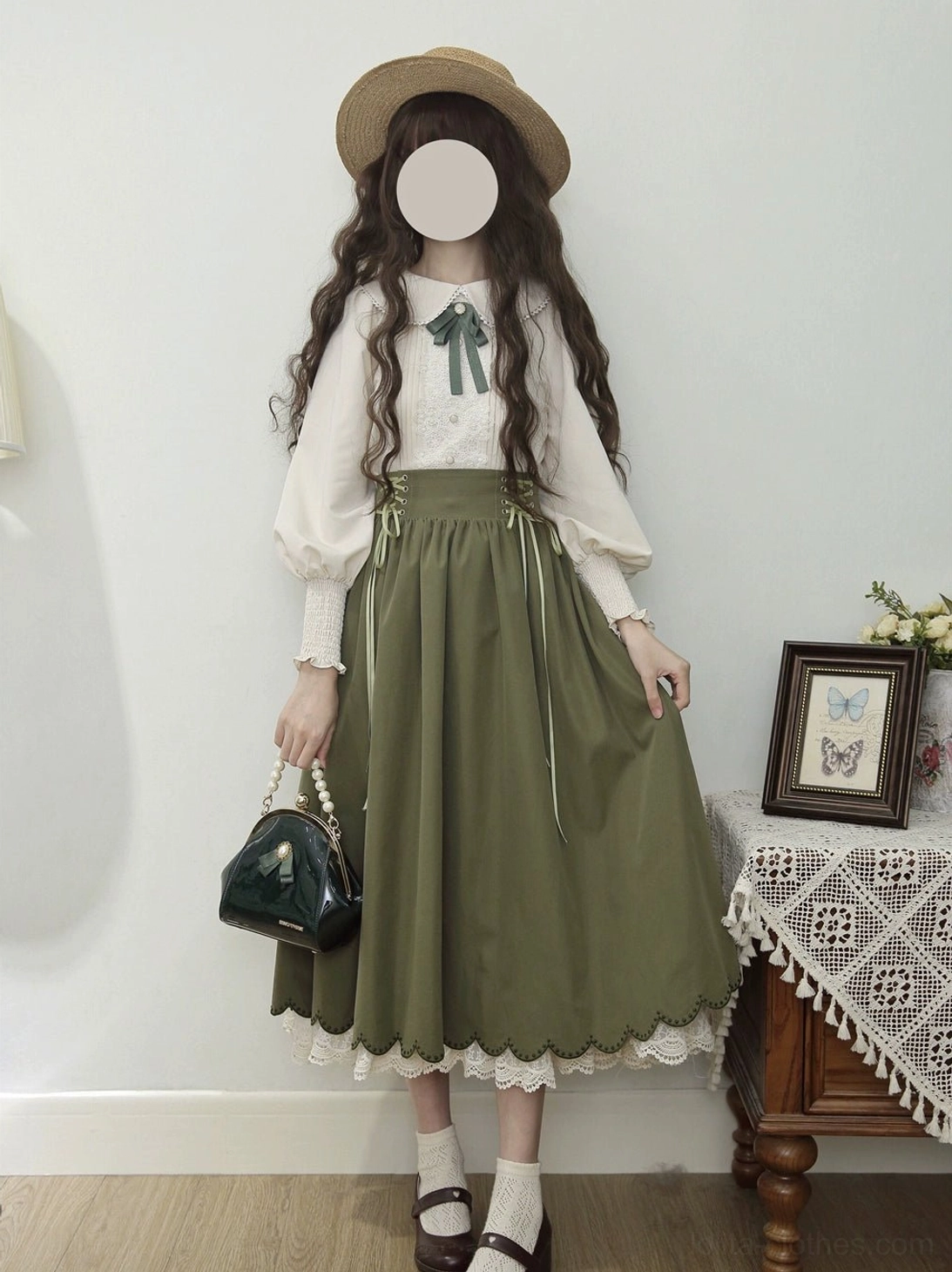 Vintage lolita shirt and skirt set with straw sunhat vintage leather handbag and scalloped lace hem army green color