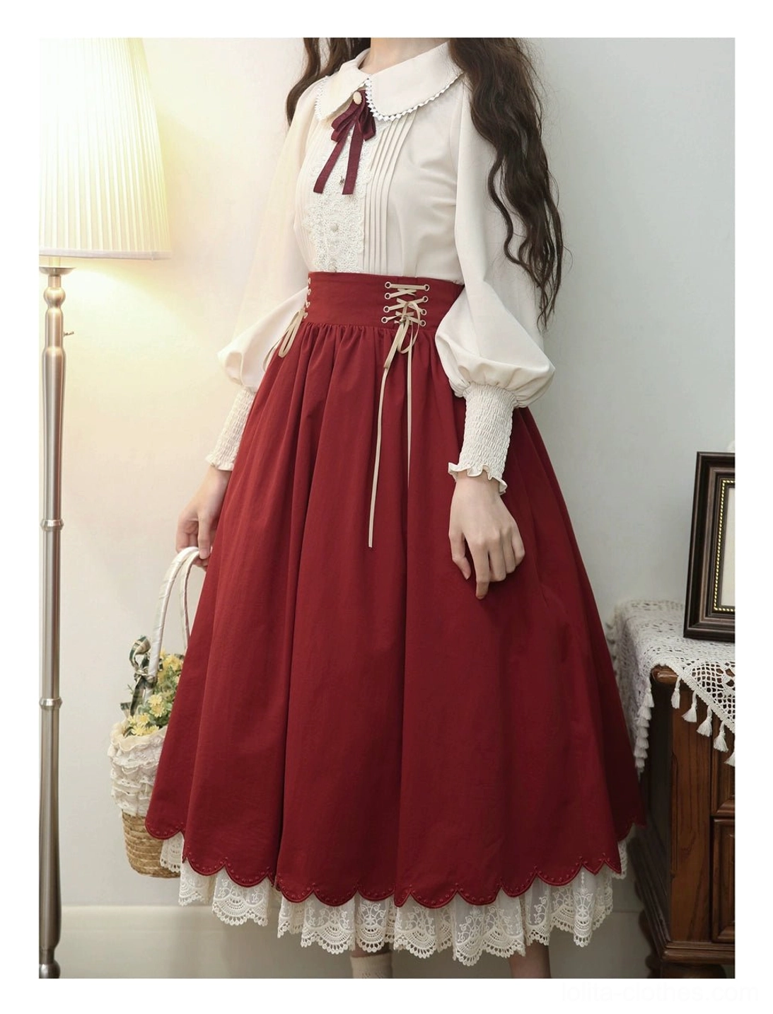 Countess's Autumn Travel vintage lolita side profile showing high-waisted burgundy skirt lace hem adjustable drawstring and structured poof
