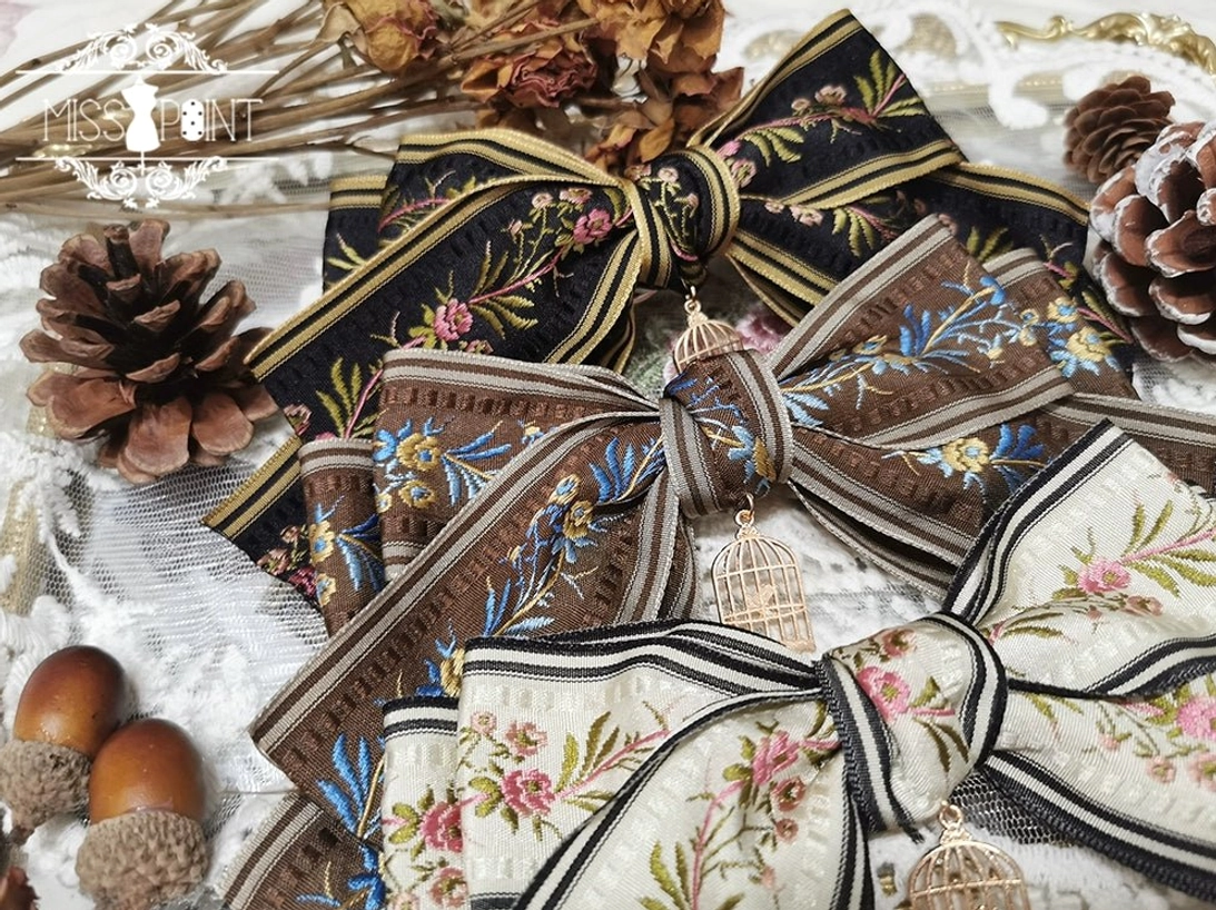 Country lolita accessory collection assorted pieces headscarves brooches clips organized display