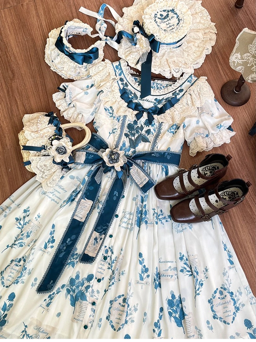 Flat lay overhead view of complete lolita accessory ensemble including straw bonnet headdress handbag brooch necklace and matching mary jane shoes