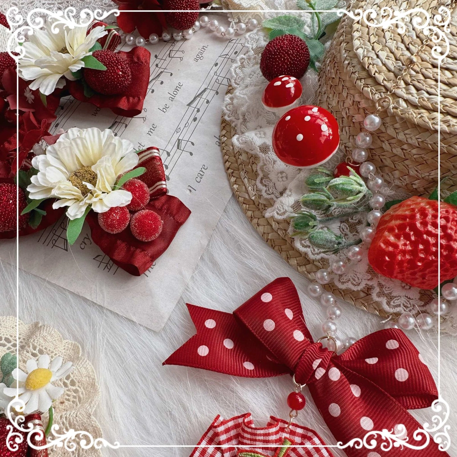 Country Lolita handmade accessory pieces strawberry charms polka dot bows artificial pearls straw decorative elements