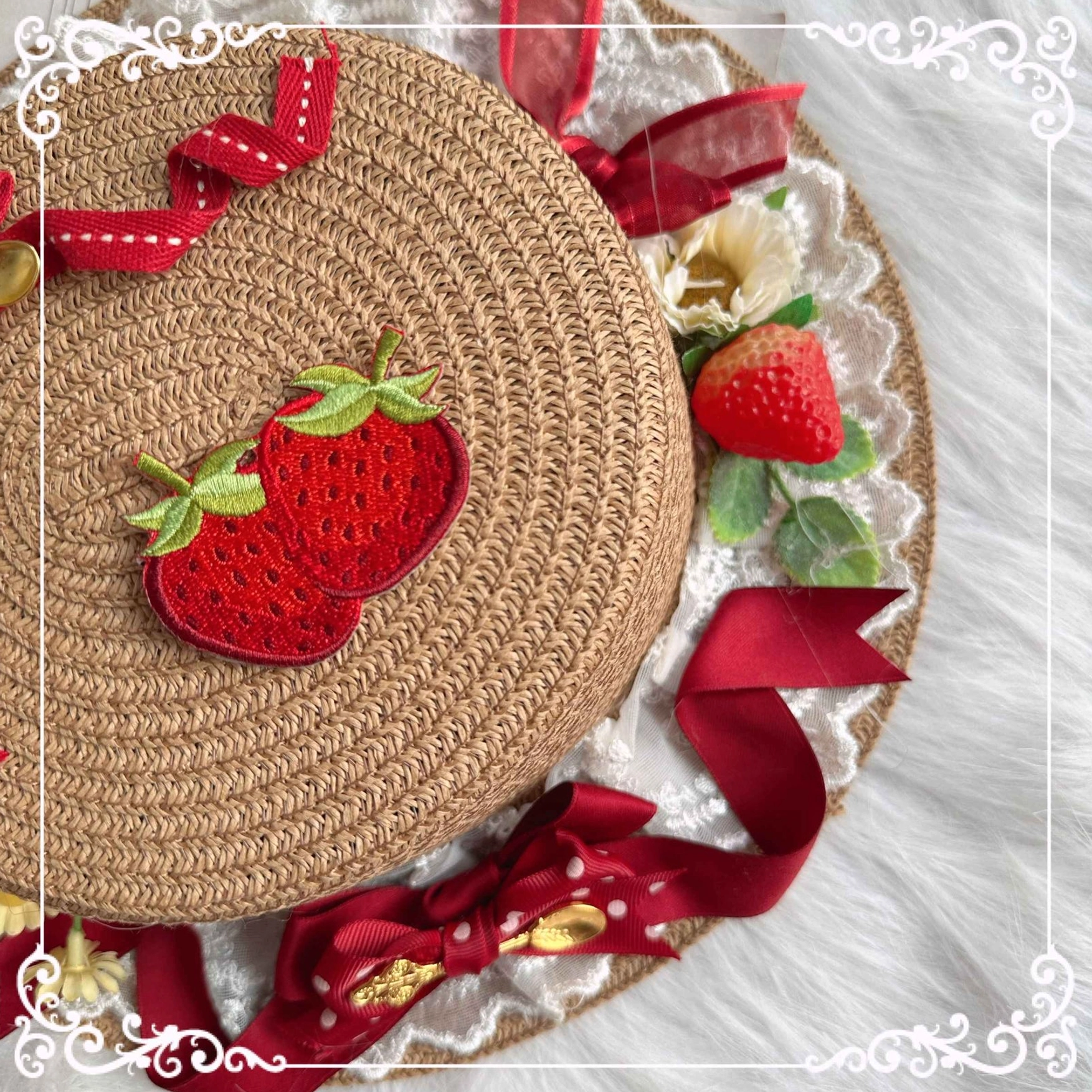 Large straw woven bonnet country Lolita handmade headdress accessory with wine red ribbon and strawberry decorations