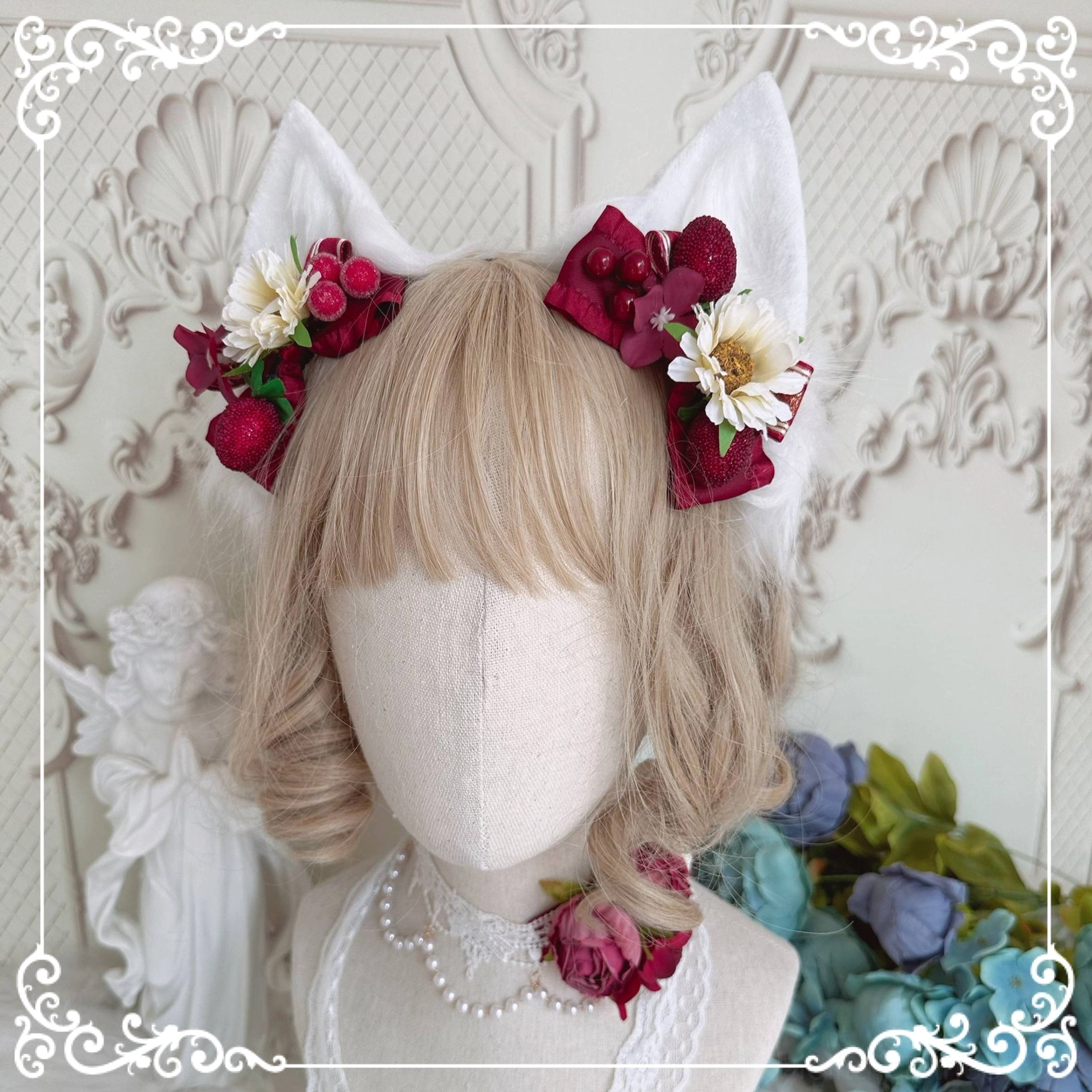 Cat ear hairband white fluffy strawberry themed Lolita hair accessories with wine red bows daisies and matching lace choker