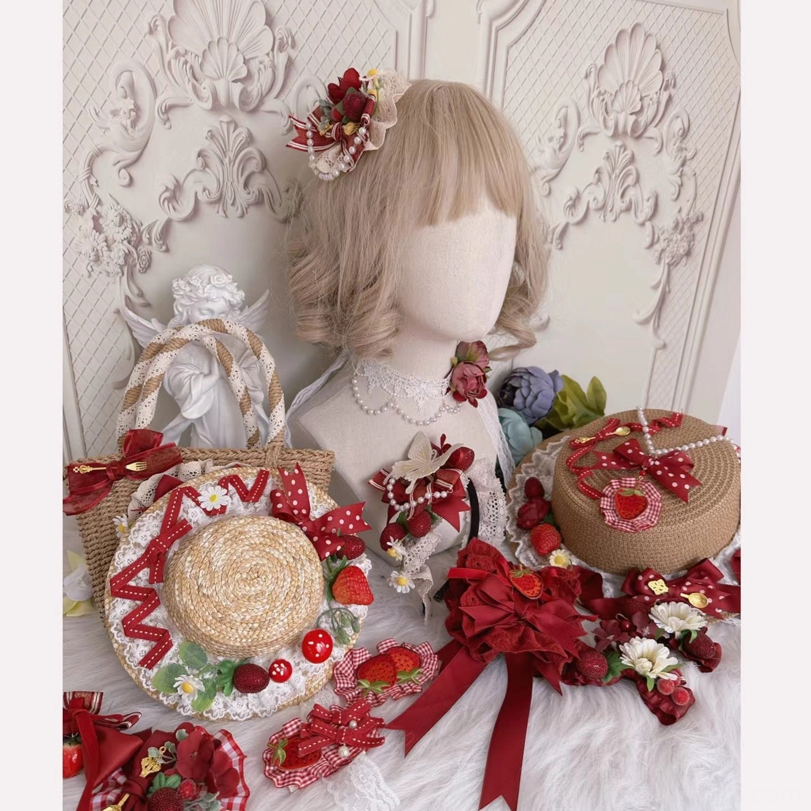 Complete country Lolita accessory set with straw hats hair clips bows and handbags strawberry and floral decorations wine red cream tones
