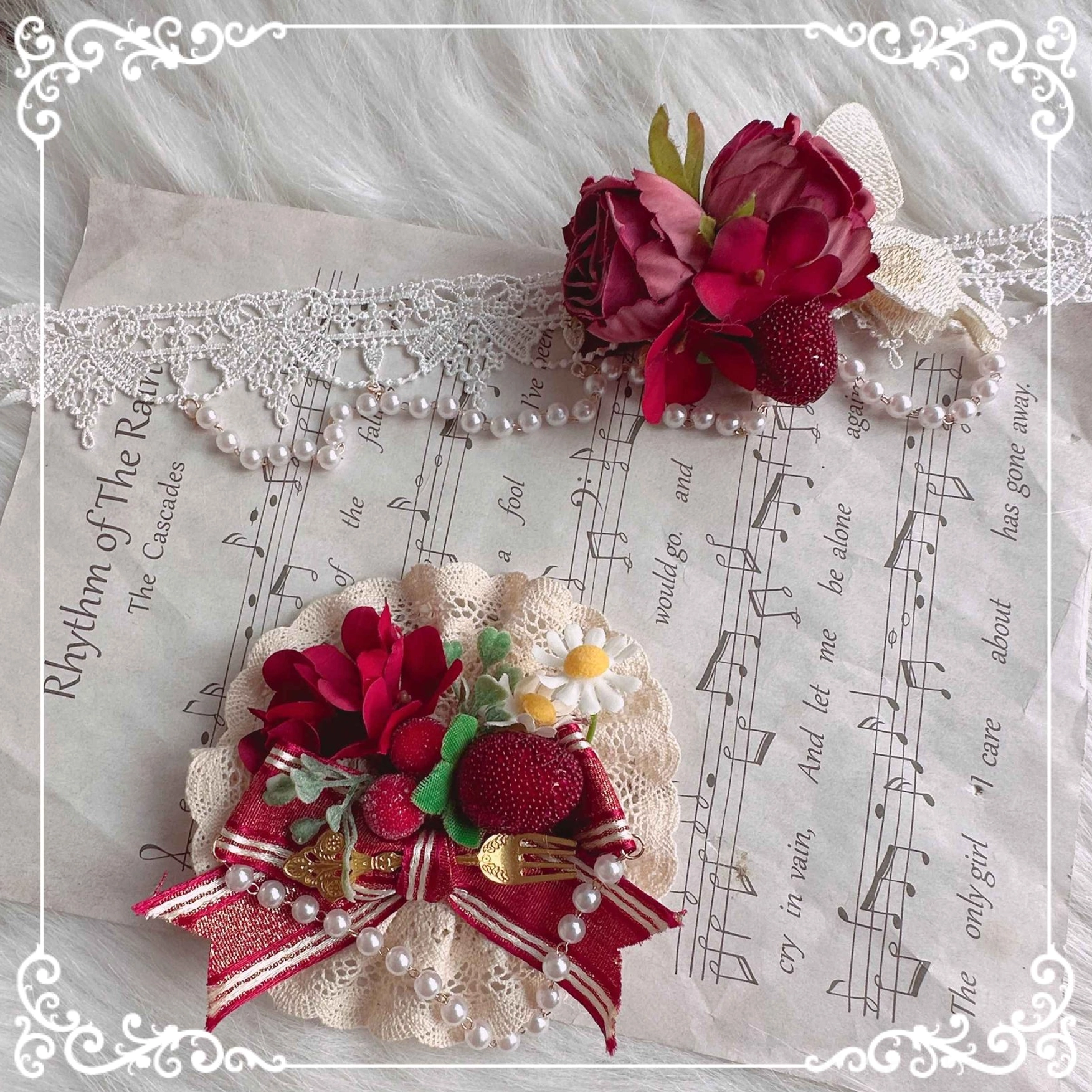 Cream flower clip brooch country Lolita handmade accessory elegant floral design versatile hair and dress embellishment