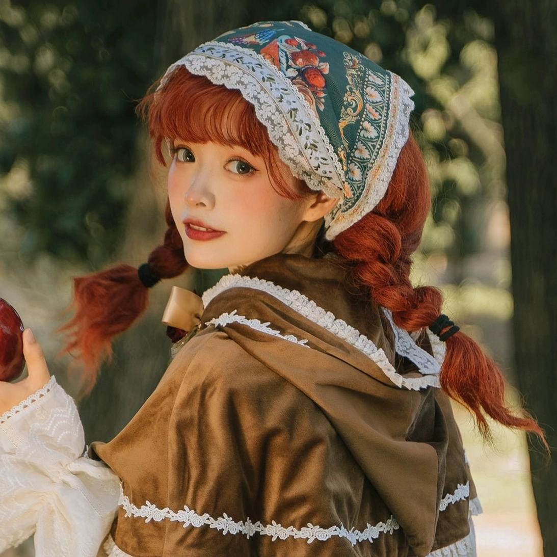 Country lolita embroidered head bonnet with lace ruffled trim worn outdoors forest setting close-up rear view