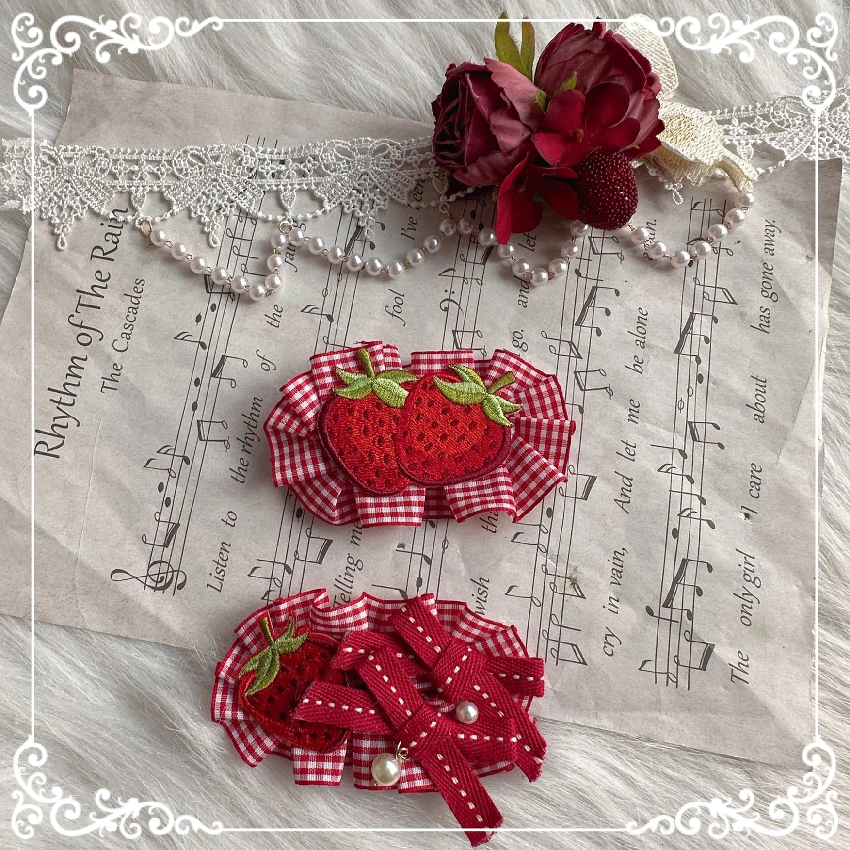 Embroidered strawberry clip country Lolita handmade hair accessory detailed embroidery work pearl bead trim design
