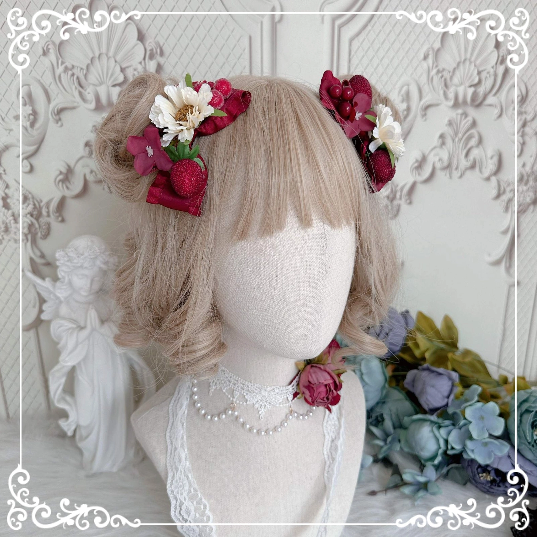 Embroidered strawberry hair clip country Lolita handmade accessory with detailed design and pearl accent embellishment
