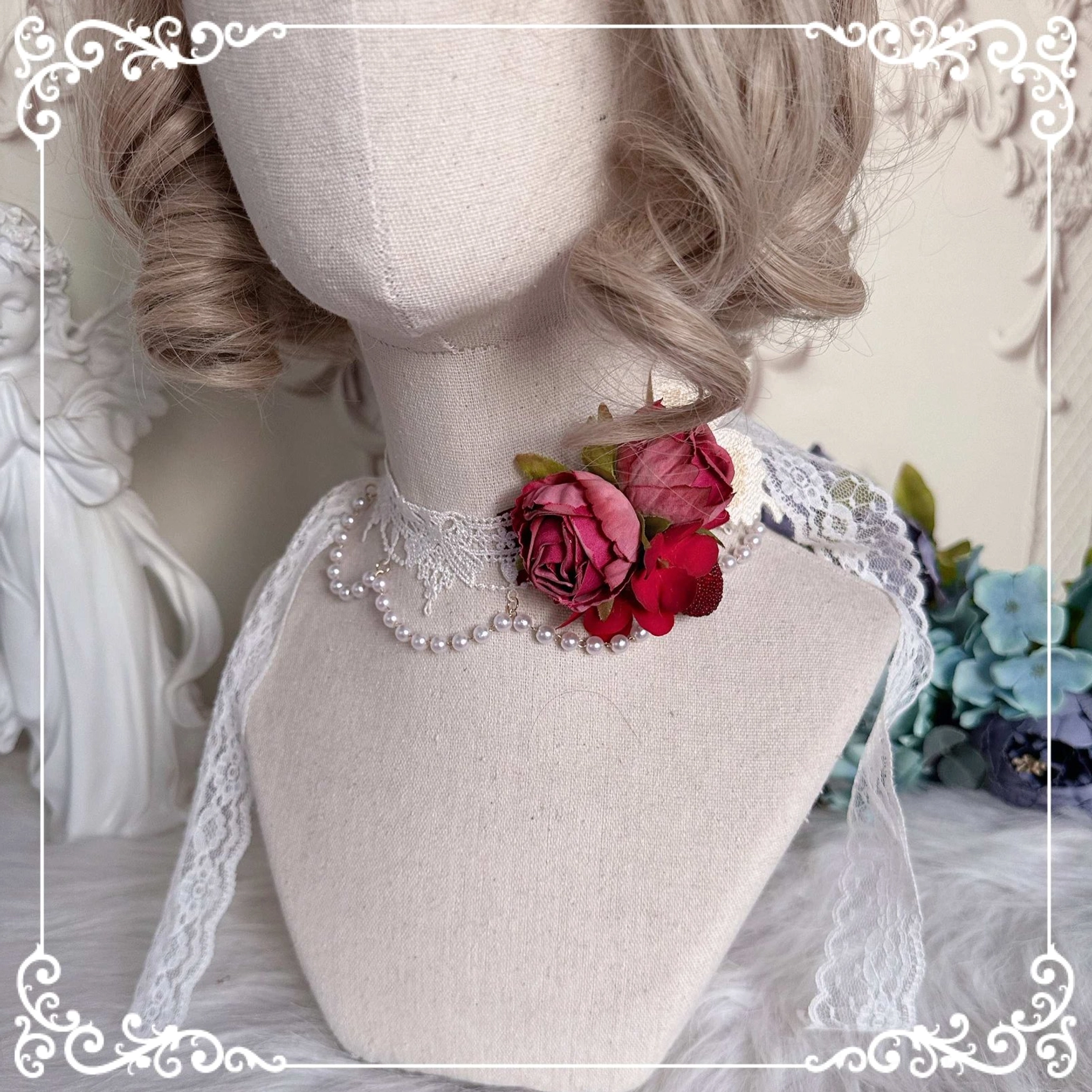 Country Lolita handmade gorgeous choker necklace lace trim wine red ribbon multi-layer sophisticated neckwear accessory