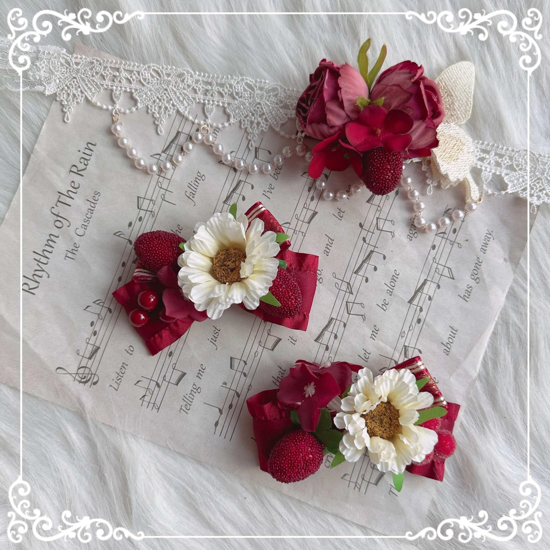 Country Lolita handmade choker lace trim multi-layer ribbon wine red cream elegant neckwear accessory coordination