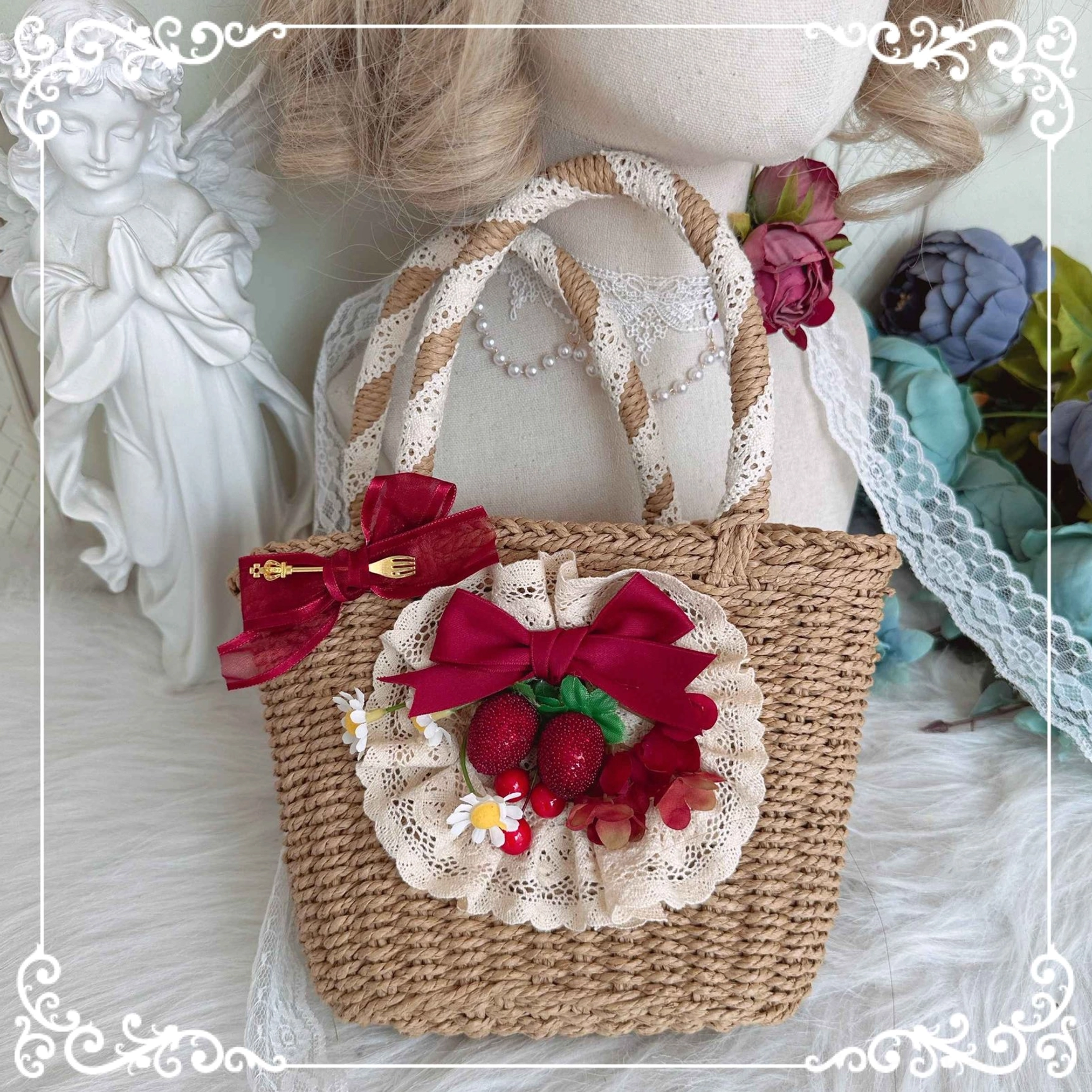 Country Lolita handmade wicker bag natural woven construction wine red decorative ribbon handles pastoral aesthetic