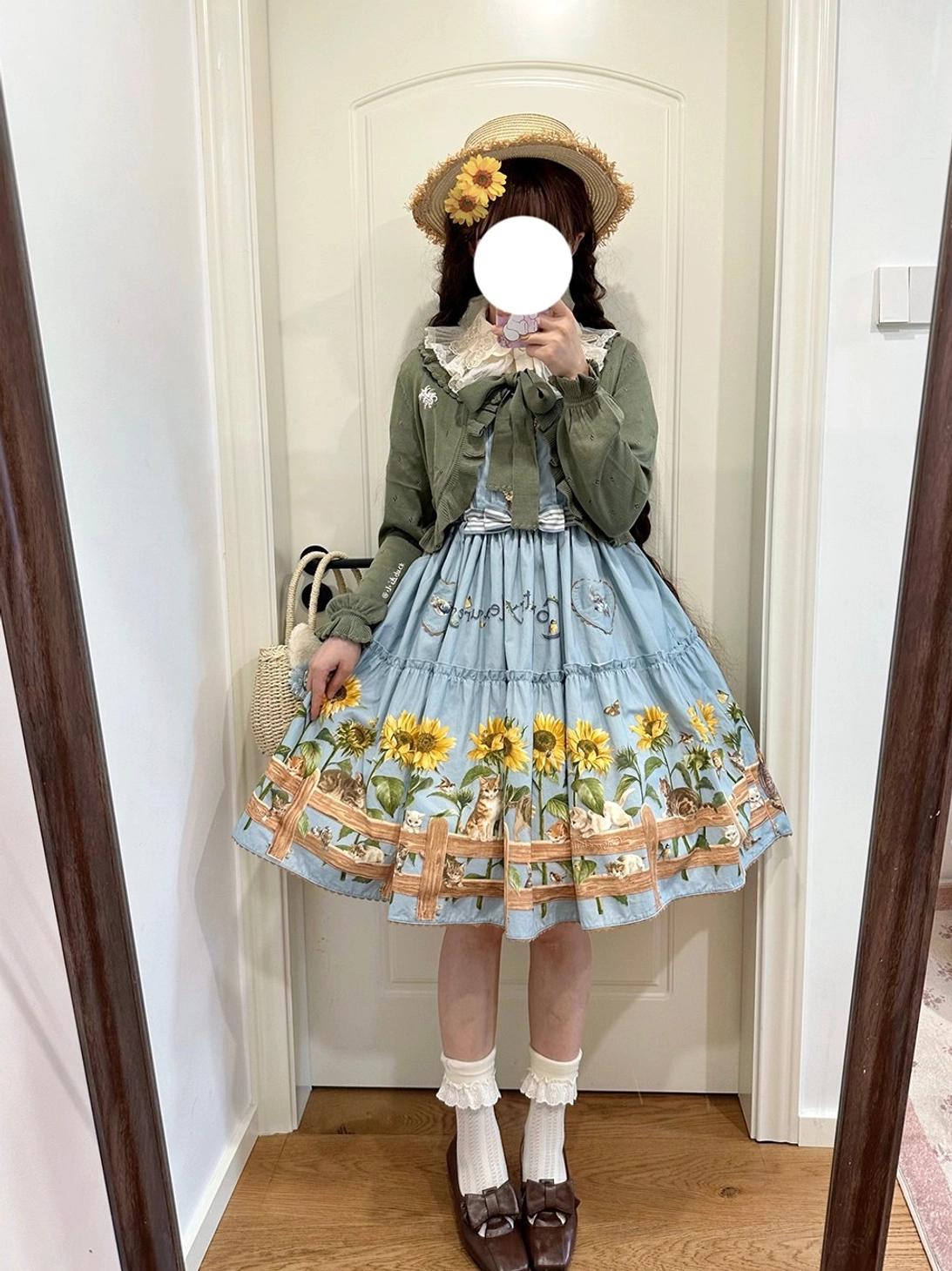 Styled coordinate featuring country lolita JSK dress with straw accessory and coordinating fashion items