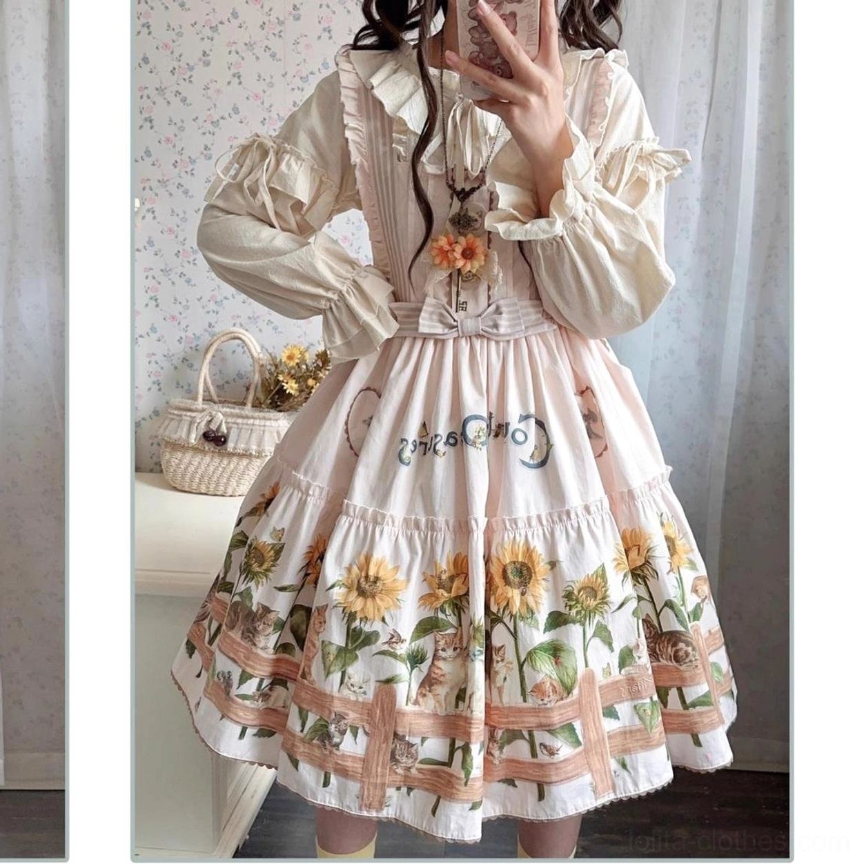 Detail shot of country lolita dress fabric showing imitation cotton material quality and print durability