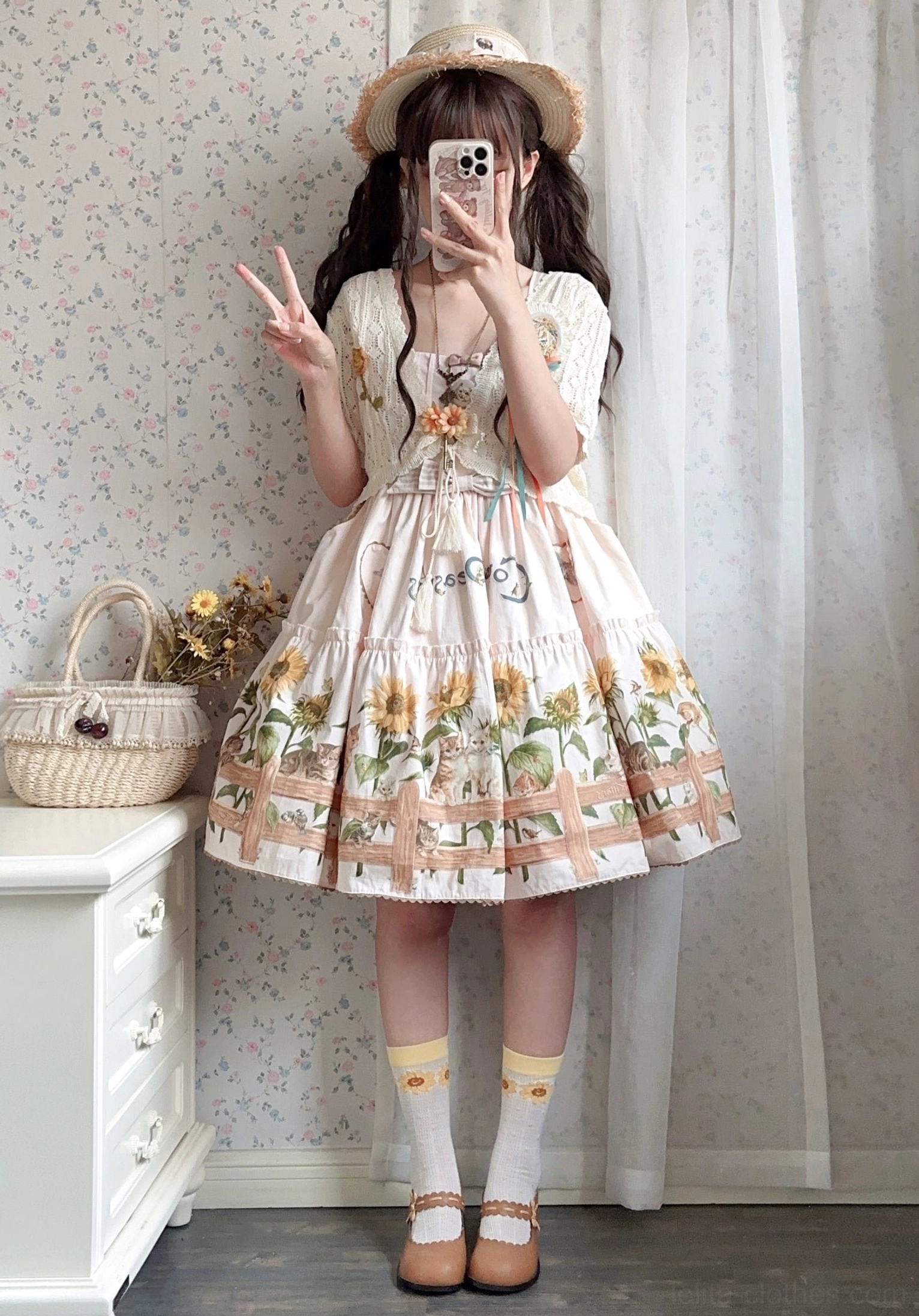 Country lolita dress paired with classic Mary Jane shoes and coordinating socks ensemble