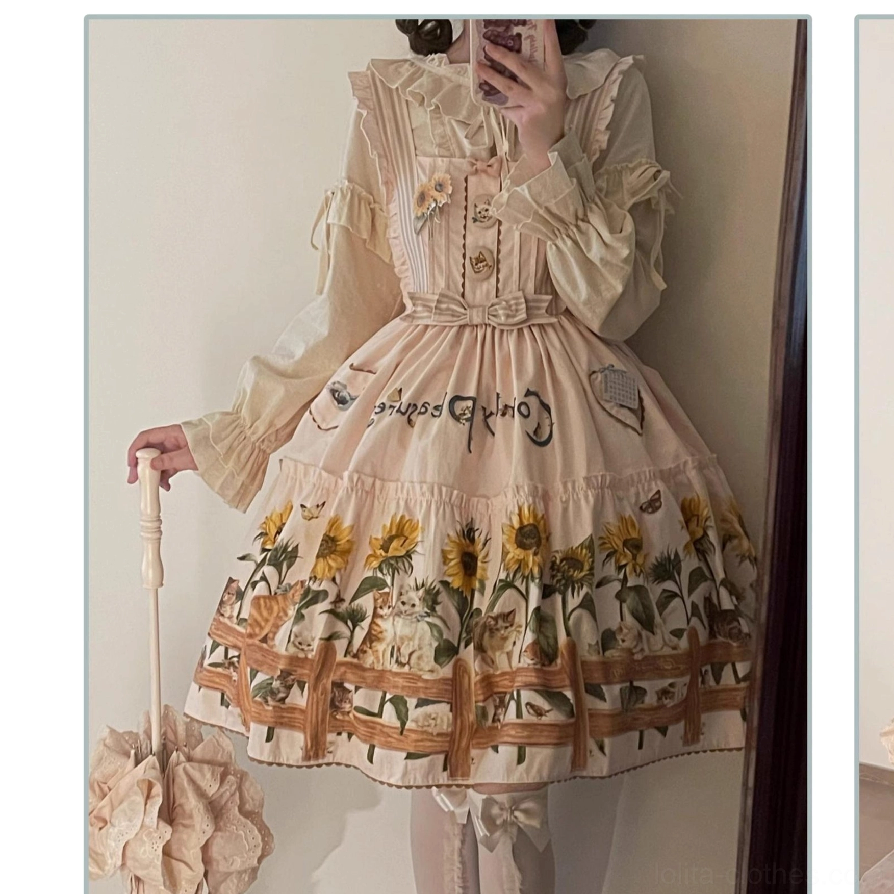 Detailed view of country lolita dress showing ribbon trim and decorative embellishment quality