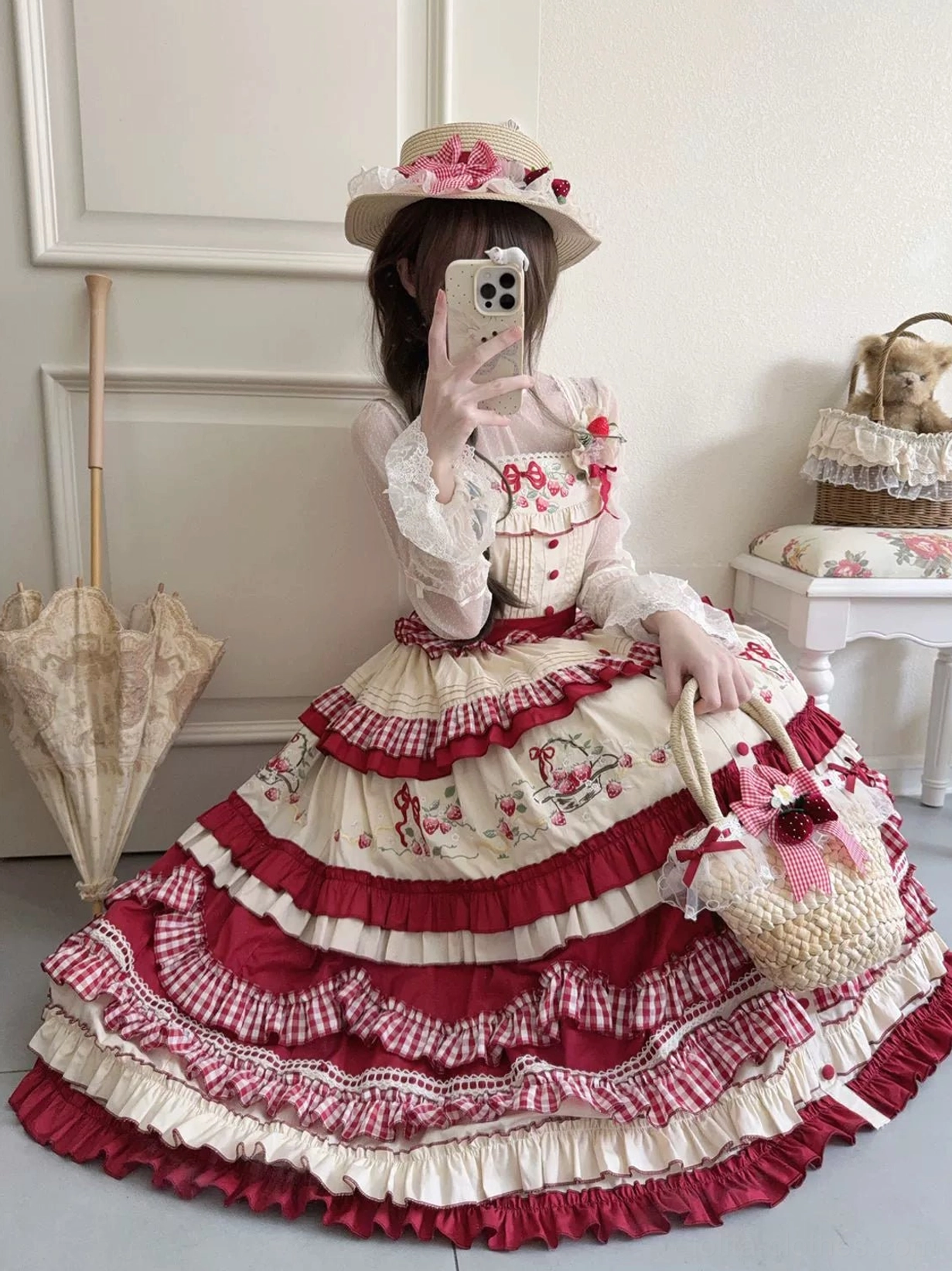 Country lolita outfit with straw boater hat strawberry embroidered jumper skirt lace sleeves woven basket bag model