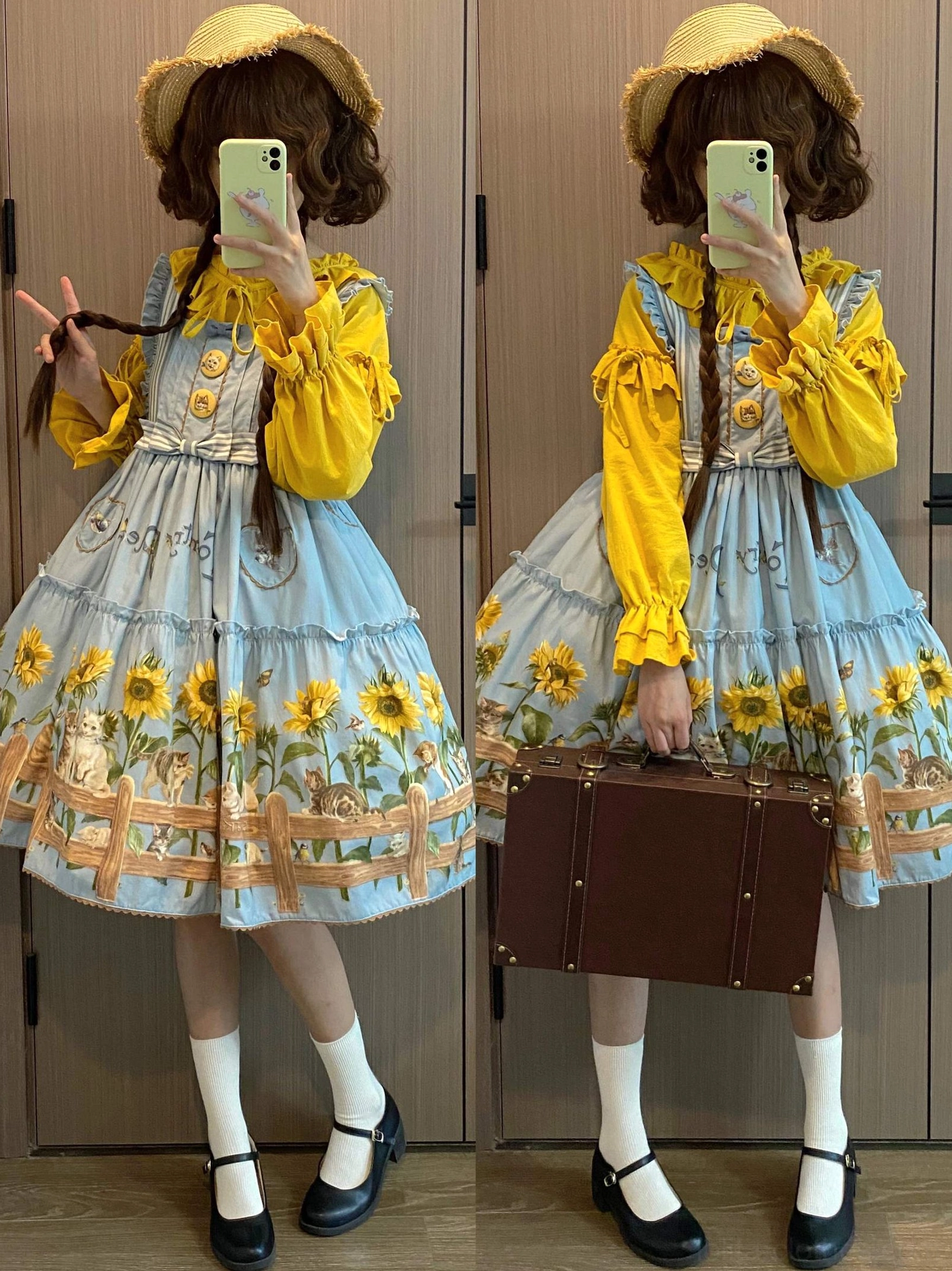 Side-by-side mirror selfie of two models wearing country lolita coordinates with twin braids, straw hats, white ruffled socks and Mary Jane flats