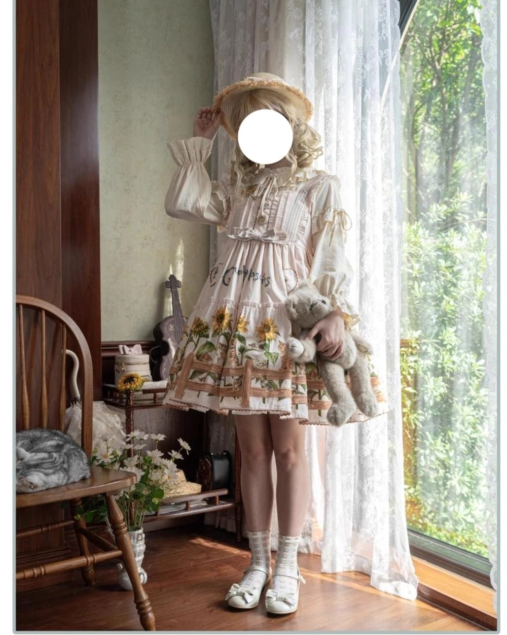 Country lolita dress worn with petticoat showing proper silhouette and A-line volume structure