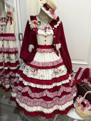 Complete country lolita coordinate with burgundy cardigan red gingham jumper skirt strawberry embroidery and matching accessories