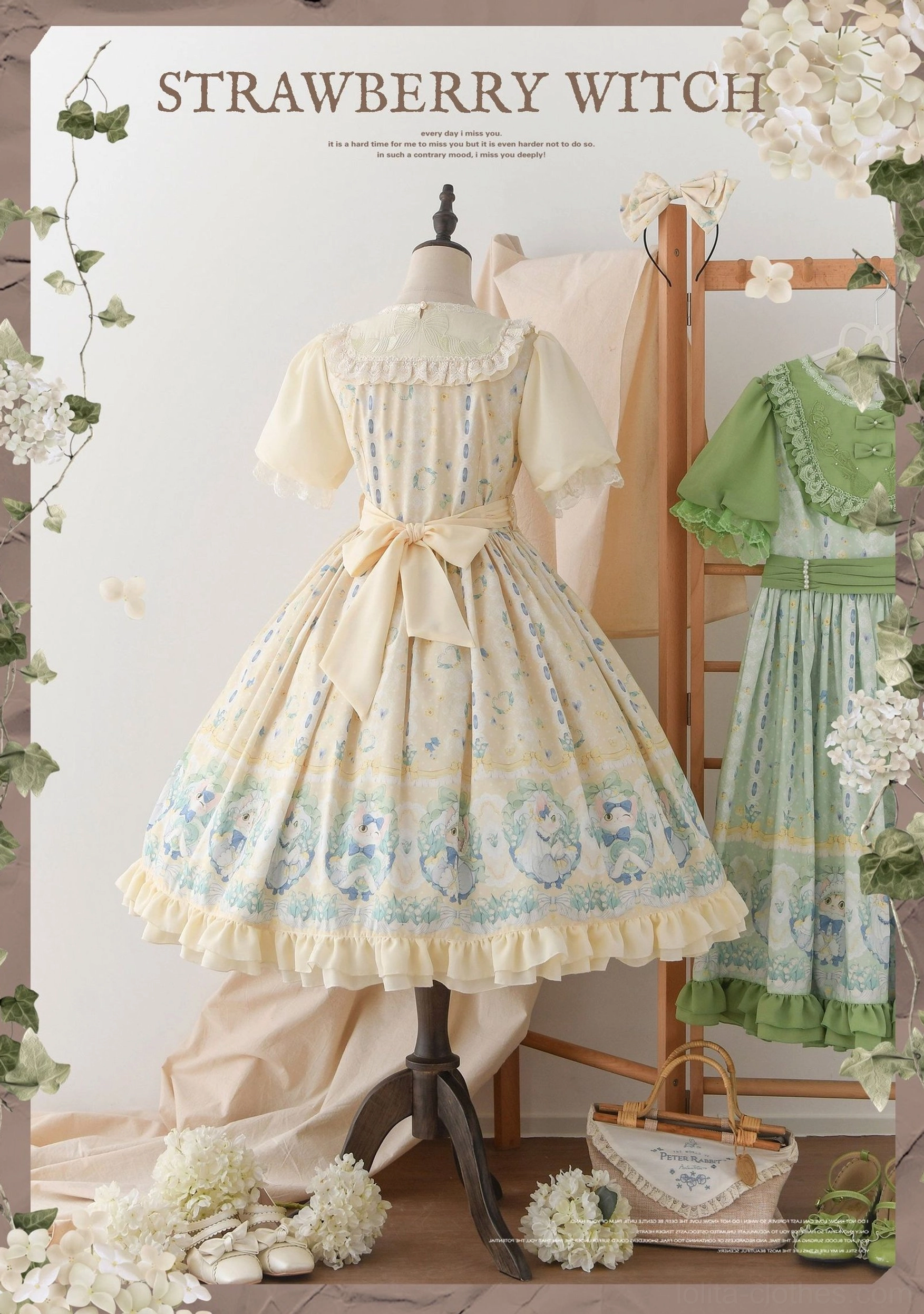 Country lolita OP dress back view waist bow and ruffled construction showing detailed stitching, ribbon accents and A-line silhouette rear perspective