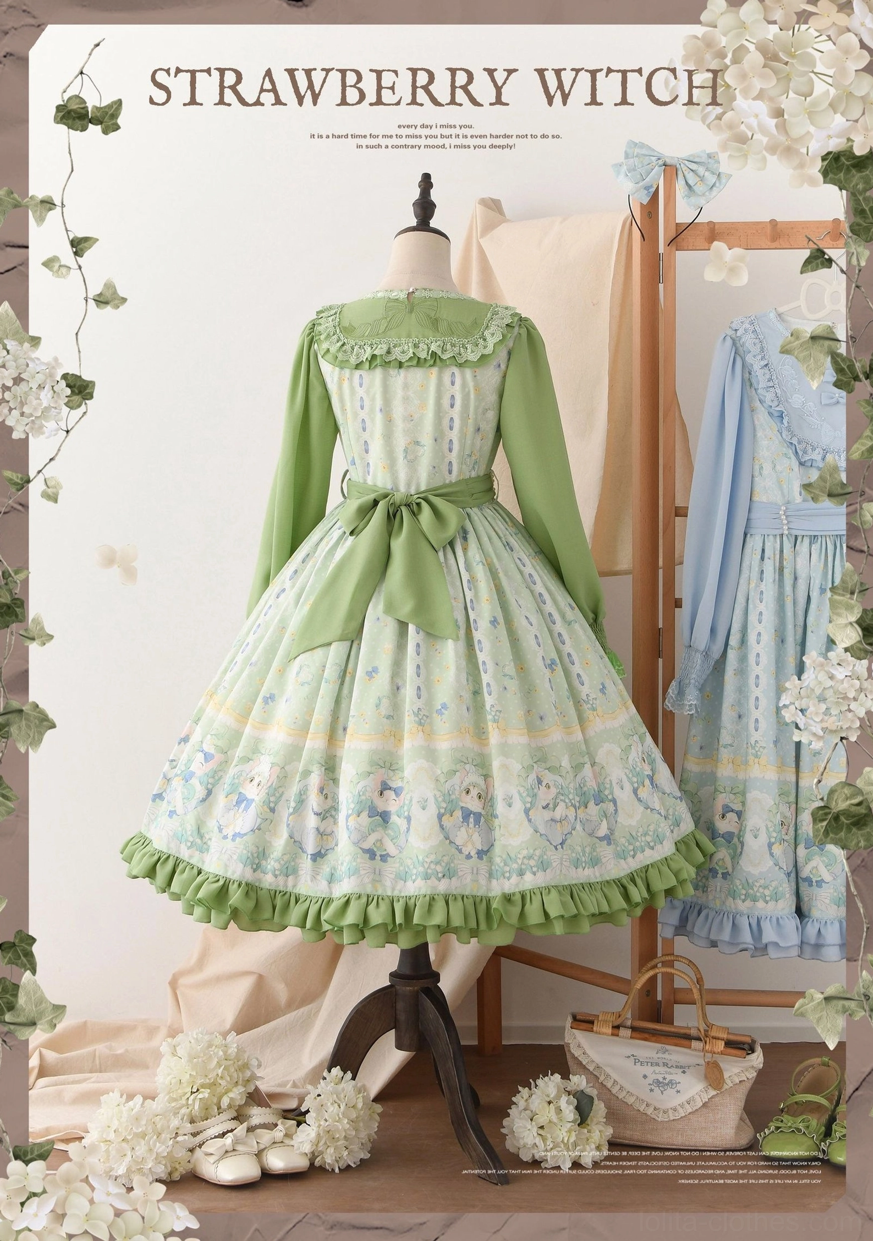 Country lolita OP dress fabric texture close-up showing bamboo poly-cotton blend material quality, lace accents and embroidery work fine details