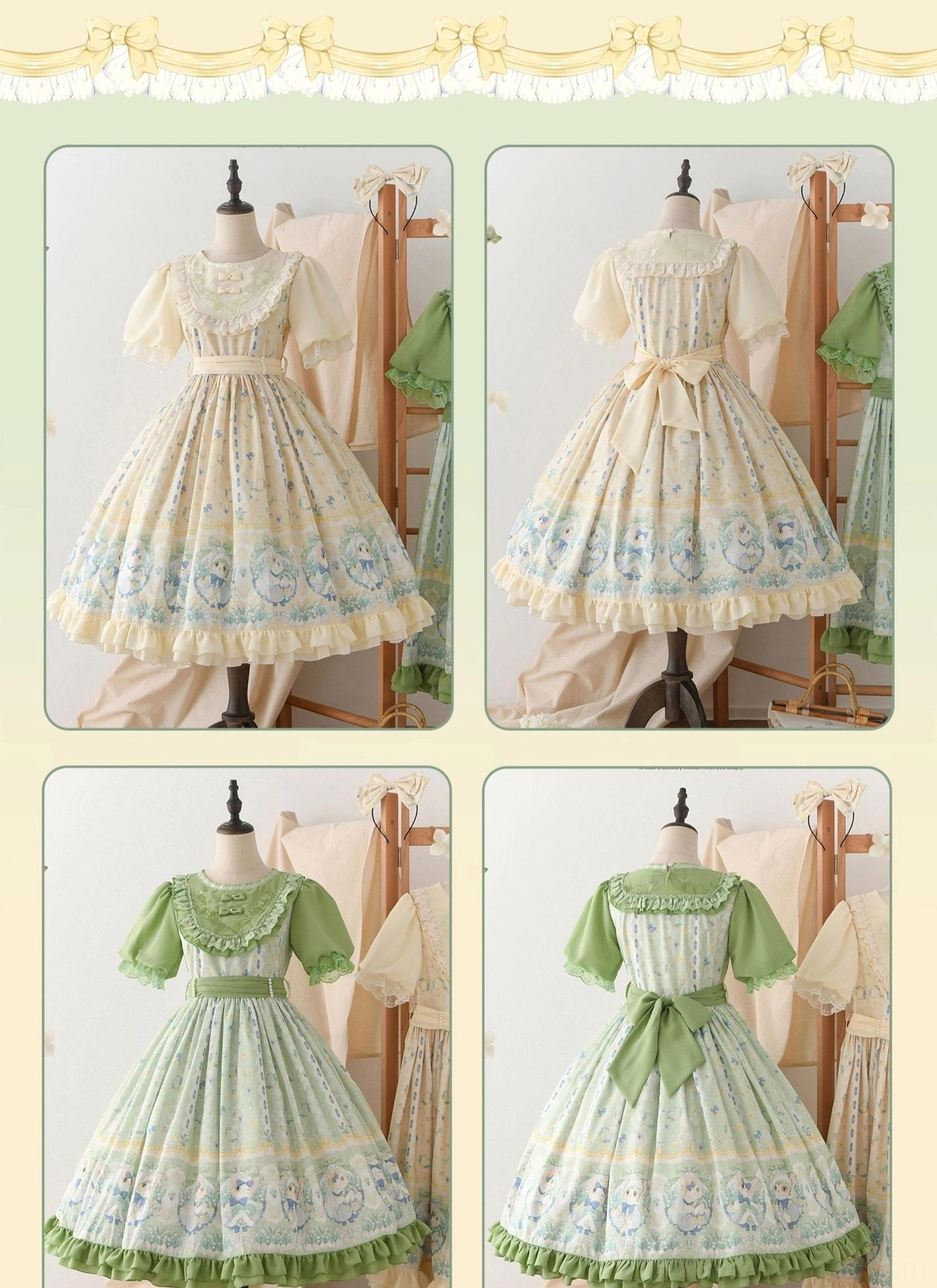 Country lolita OP dress beige variant long-sleeve version front full-body model shot showing embroidered lily details and cat print skirt with coordinating accessories