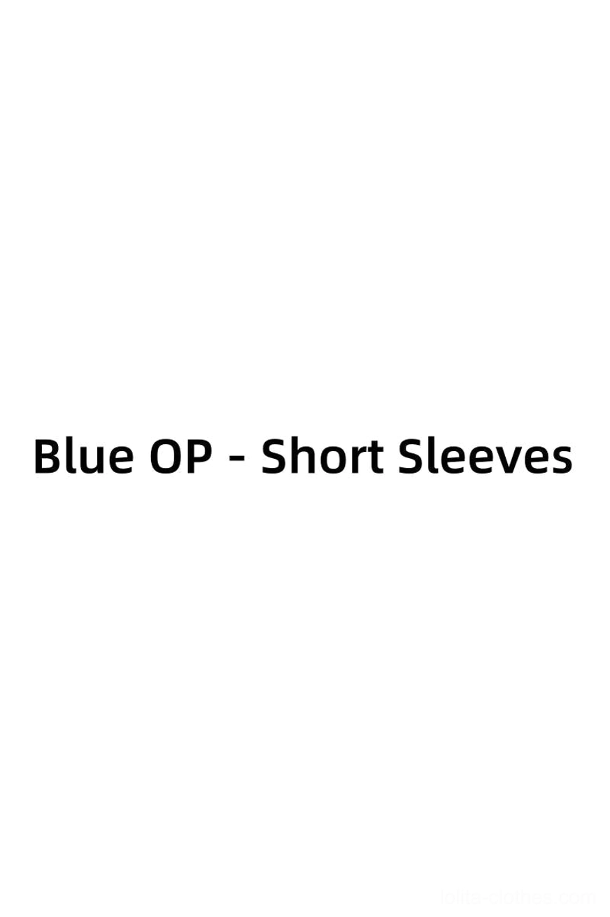 Country lolita OP dress blue short-sleeve variant front model view showing cat print allover patterns ruffled hem and sweet lolita aesthetic details