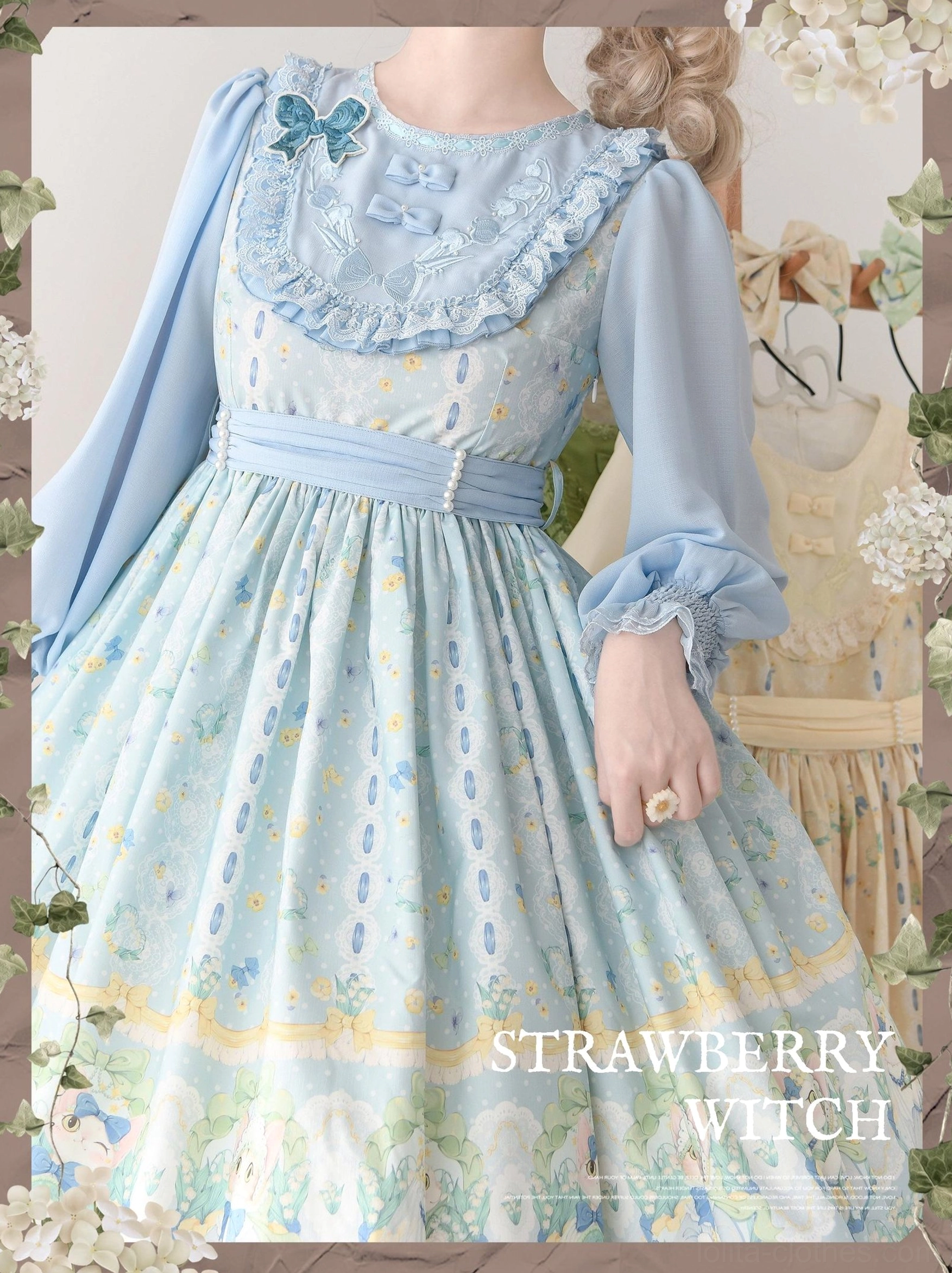 Country lolita OP dress color variant showcase displaying green blue and beige dresses with cat and lily embroidery in multiple sleeve options on display stand