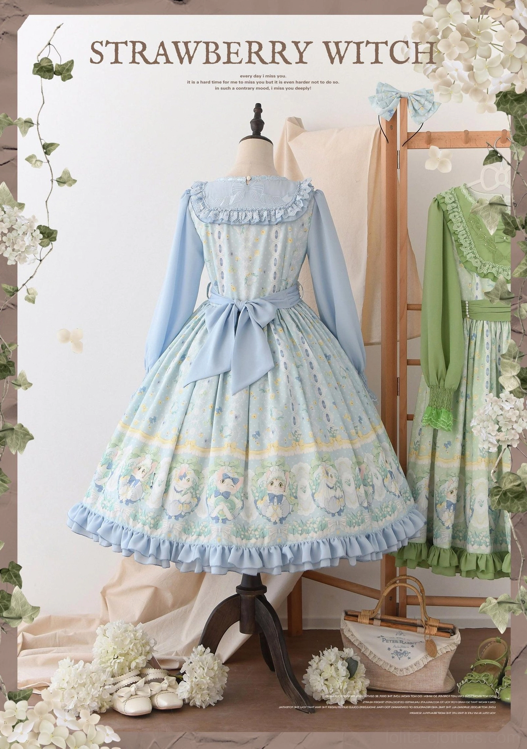 Country lolita OP dress coordination example showing complete lolita coordinate with matching hair bow socks shoes and accessories styling suggestions