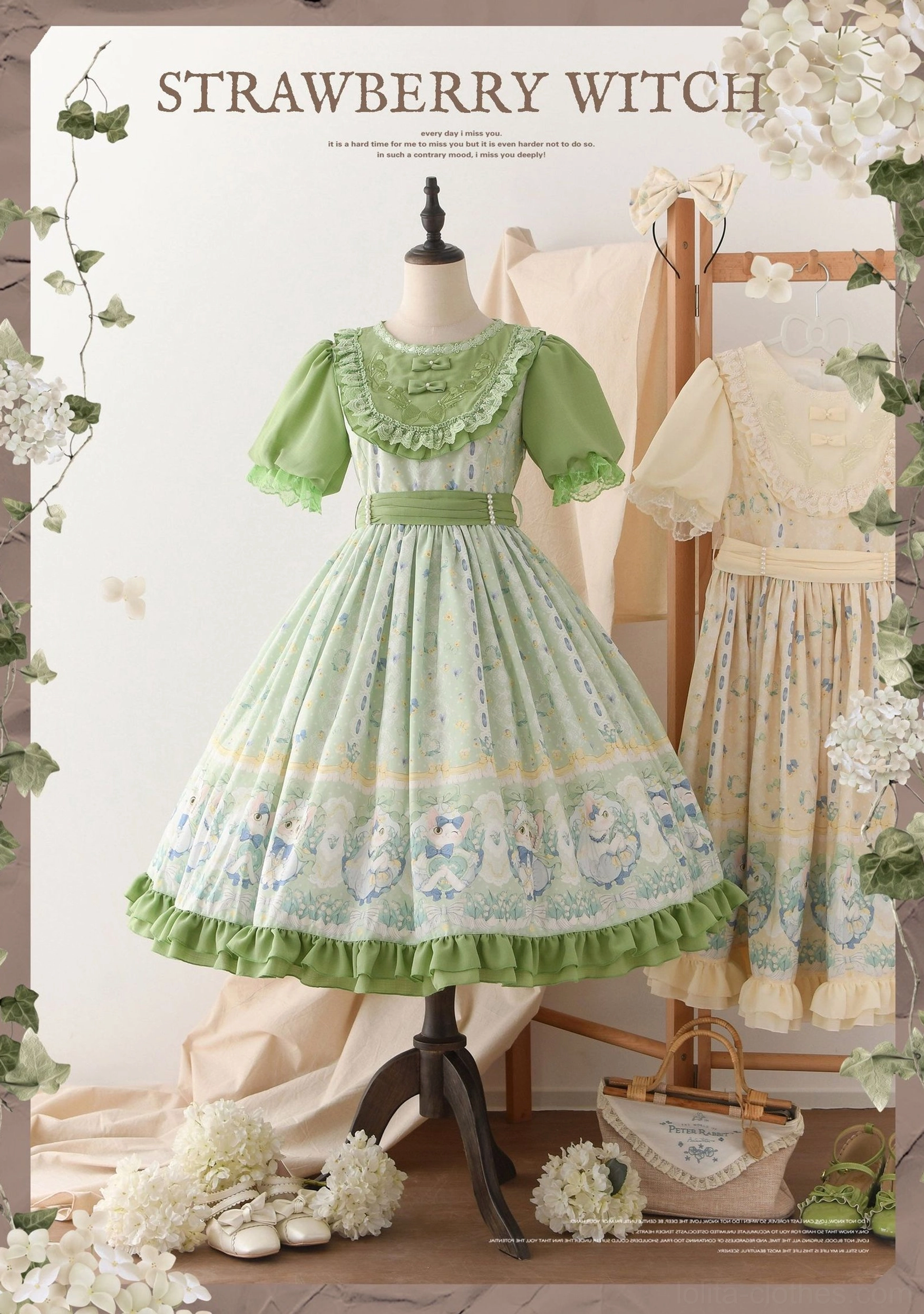 Country lolita OP dress waistband detail showing detachable waist sash, A-line silhouette construction and ruffled skirt hem with cat print patterns