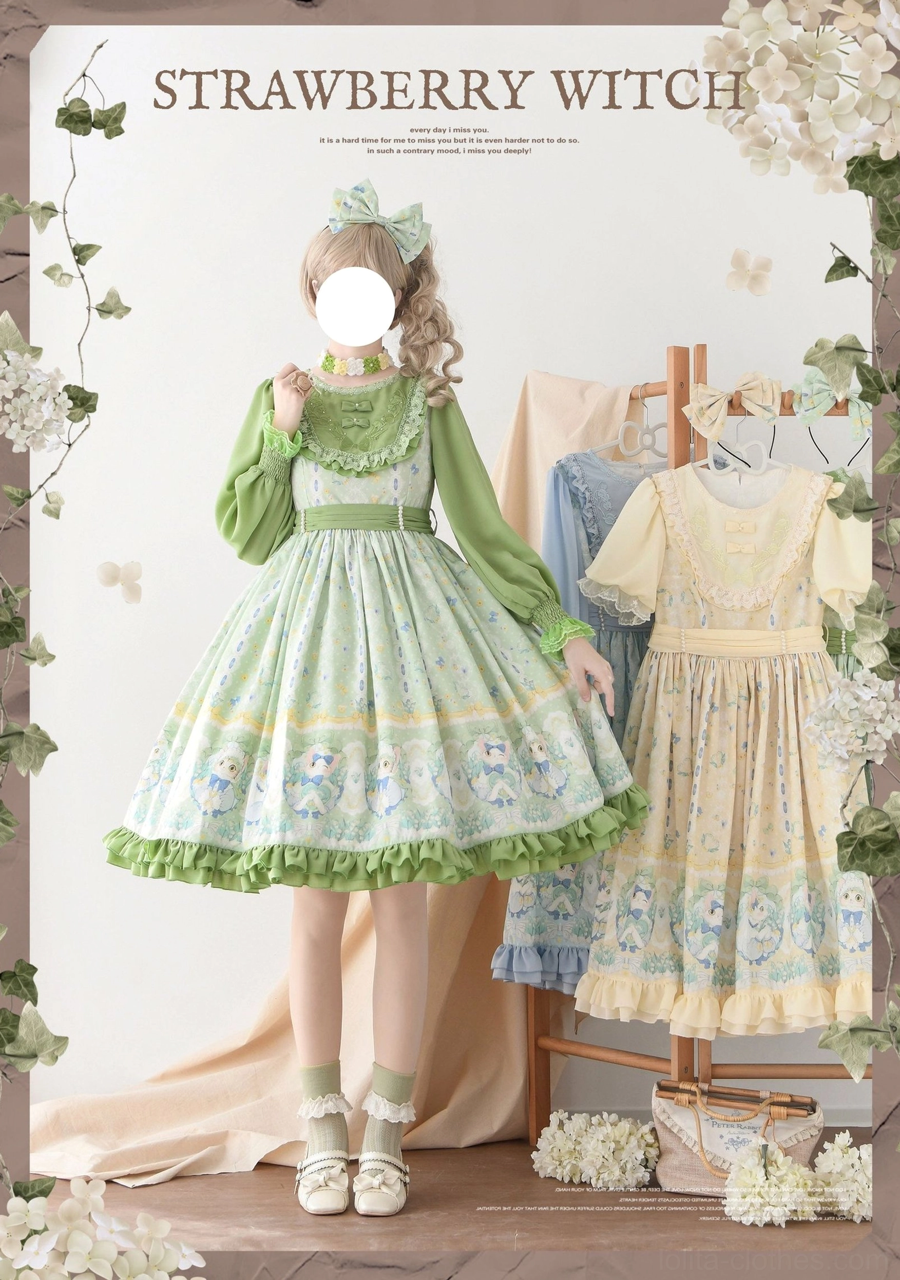 Green long-sleeve country lolita OP dress with cat and floral prints, front full-body shot on model wearing white socks and loafers against flower vine decorated background