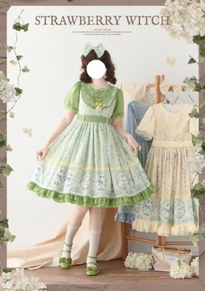 Green short-sleeve country lolita OP dress with cat and lily embroidery print, front view on faceless model wearing green bow and matching accessories in floral garden backdrop
