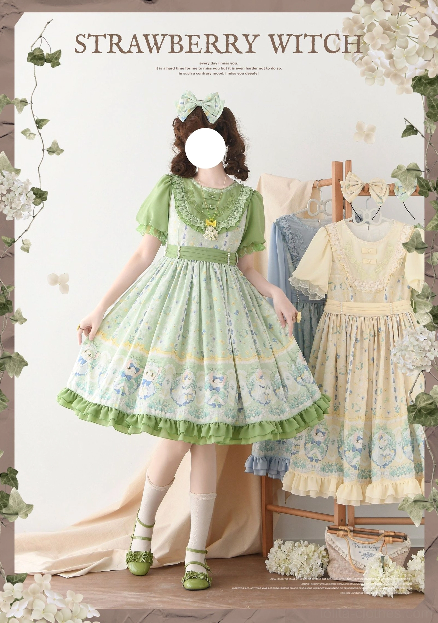 Green short-sleeve country lolita OP dress with cat and lily embroidery print, front view on faceless model wearing green bow and matching accessories in floral garden backdrop