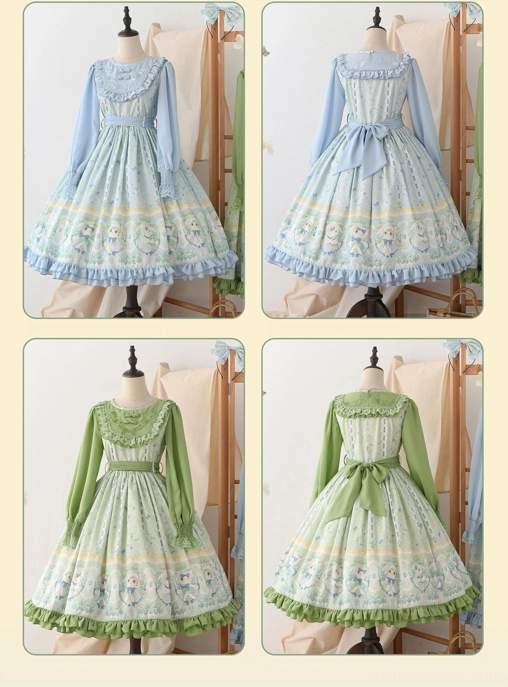 Country lolita OP dress short-sleeve variant in green showing ruffled neckline lace trim embroidered details and summer wearability styling on full body model