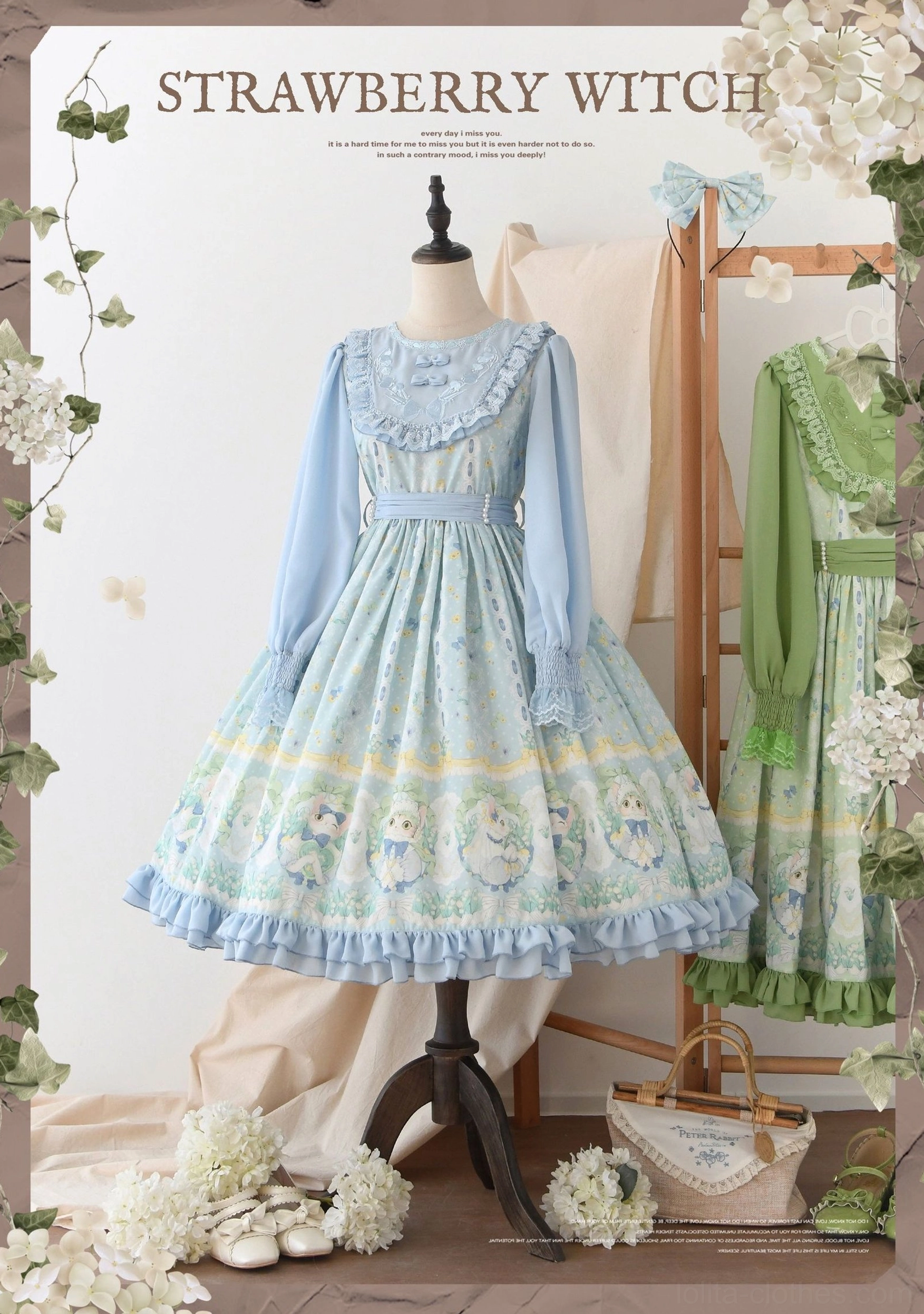 Country lolita OP dress neckline style comparison showing round lace neckline with bow decoration and embroidered lily details on different color variants