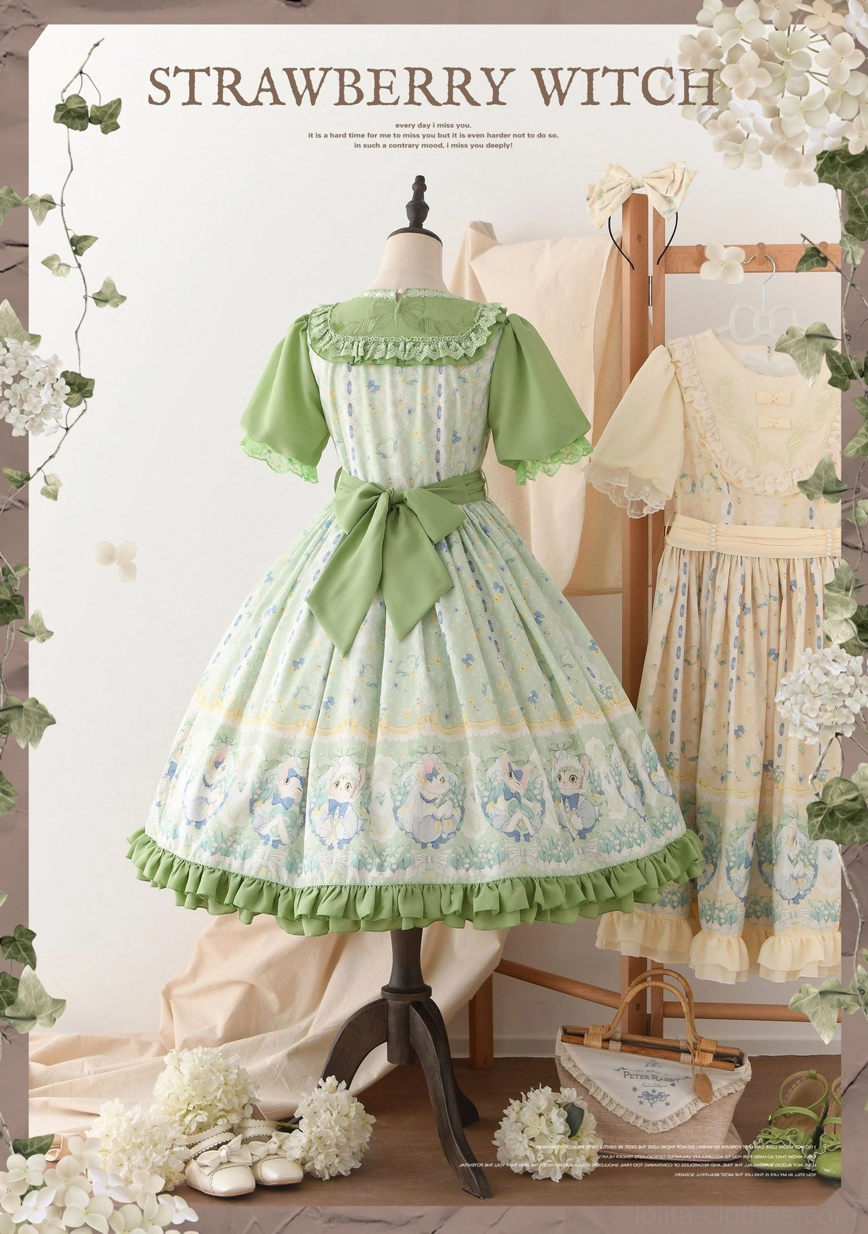 Country lolita OP dress embroidered chest detail showing lily of the valley embroidery and lace accents on round neckline with bow decorations
