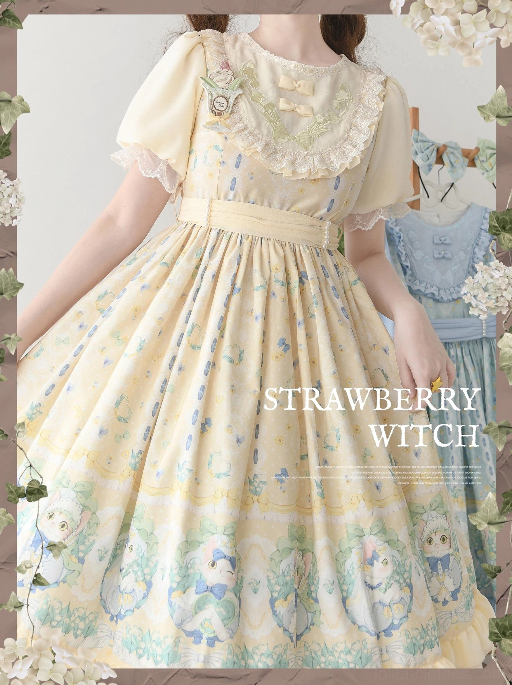 Country lolita OP dress sleeve detail showing puffed short sleeves with ruffled cuffs, lace trim and embroidered cat print on green variant front view