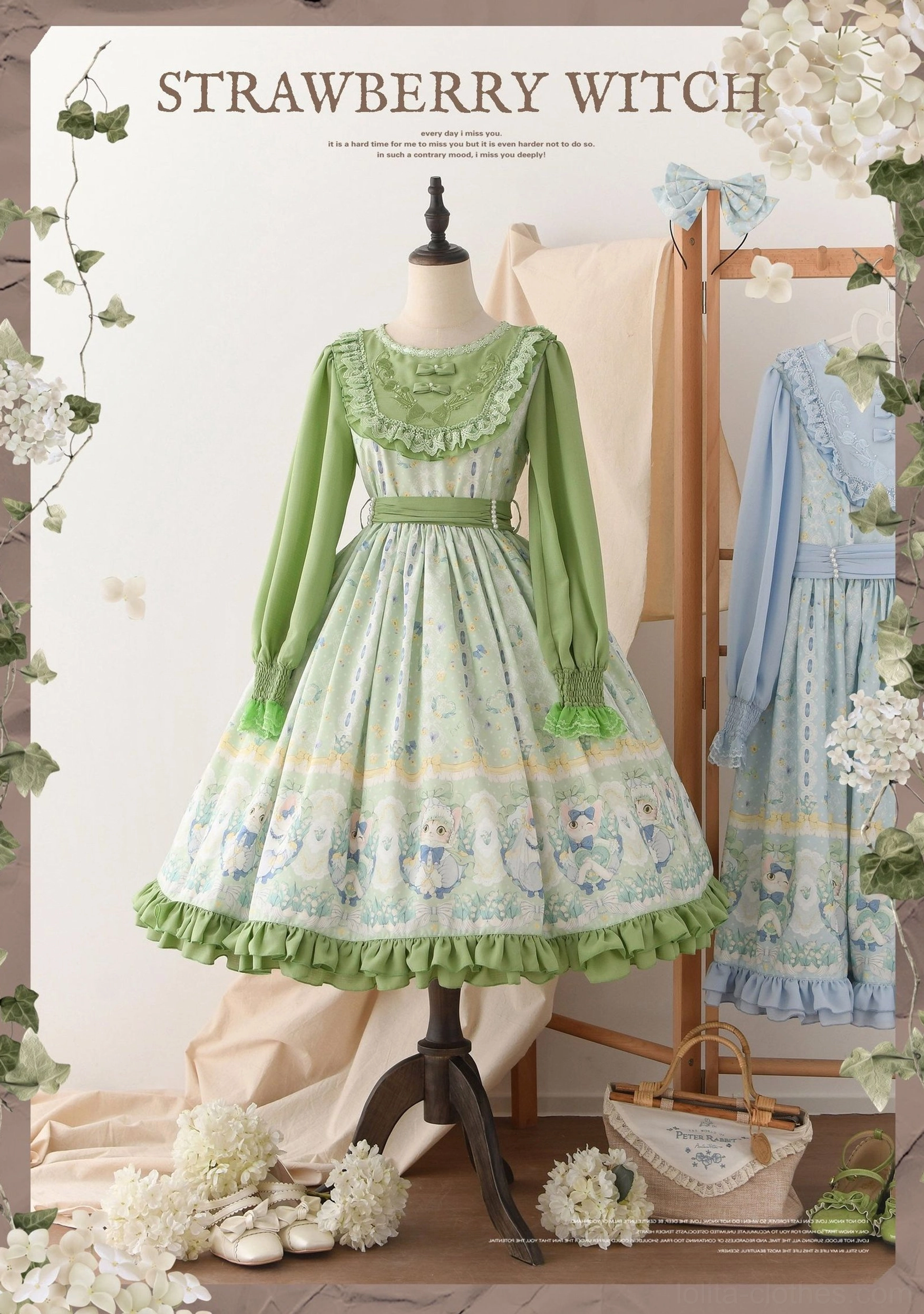 Country lolita OP dress side view showing side zipper closure, A-line silhouette, ruffled skirt construction and overall dress proportions measurement reference