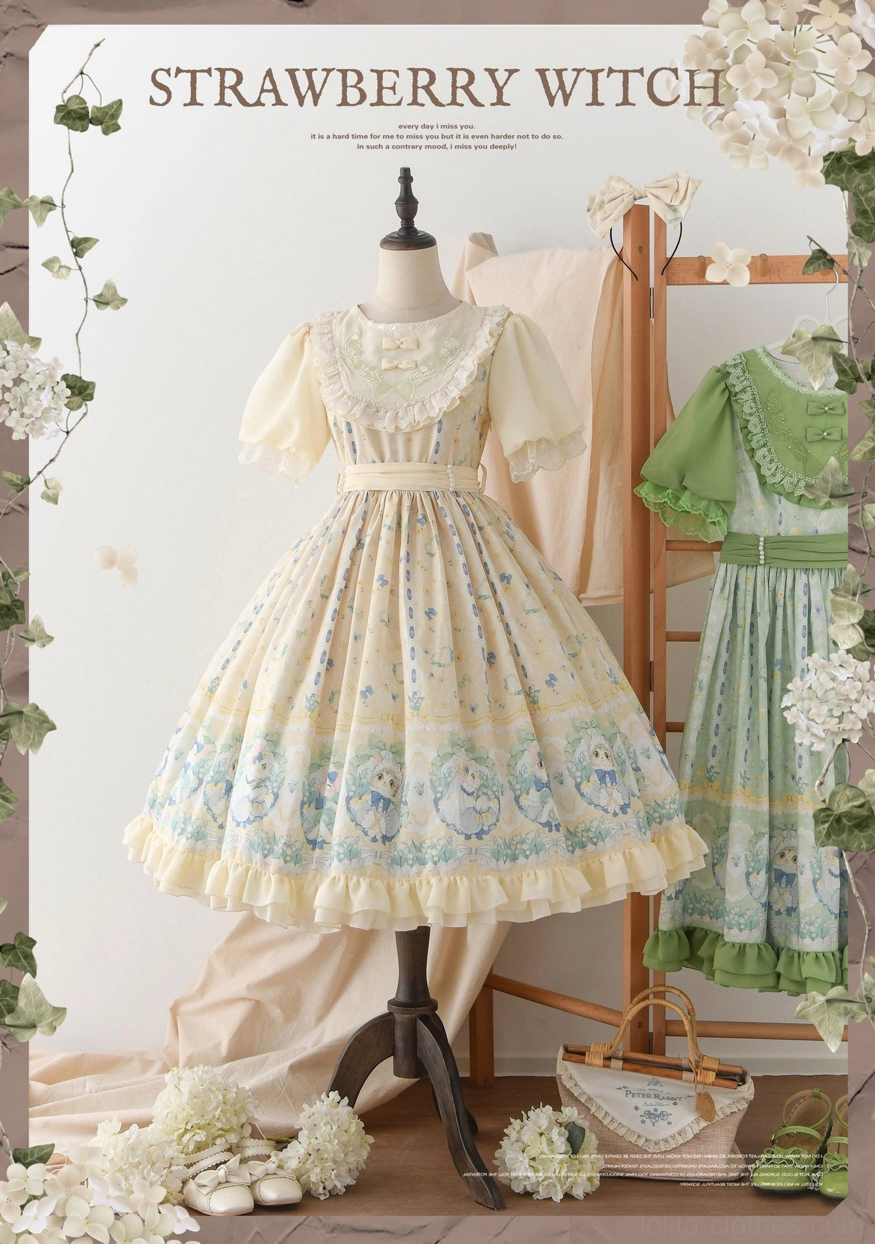 Country lolita OP dress ruffled hem detail showing layered tiered ruffle construction, cat print patterns and overall skirt volume and movement design