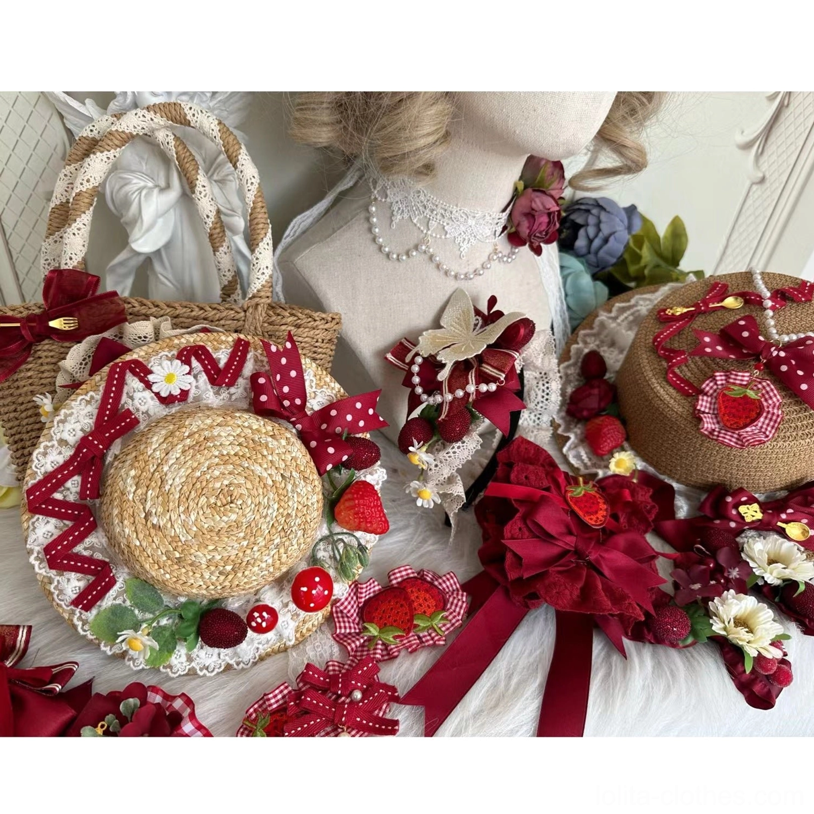 Pastoral Lolita handmade accessories including woven straw hats wicker bags wine red ribbons strawberry charms artificial flowers