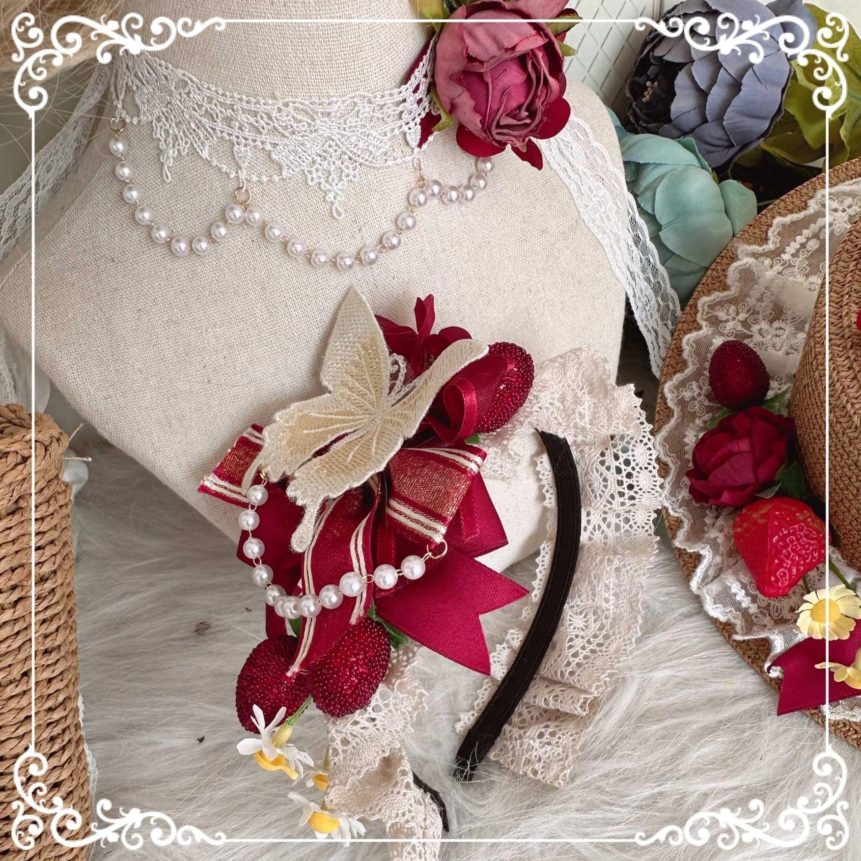 Country Lolita handmade headdress with pleated lace wine red design strawberry charms and long ribbon streamers