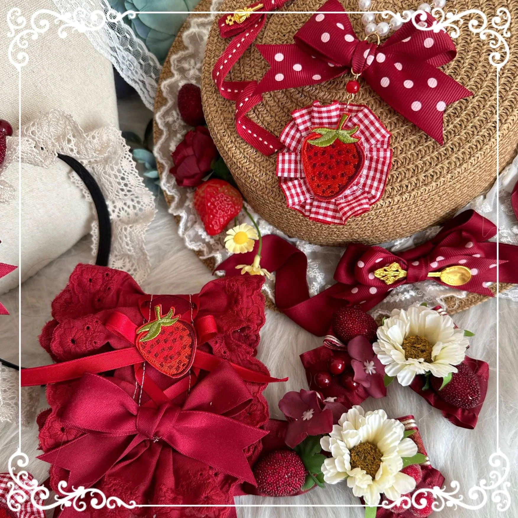 Red flower clip brooch country Lolita handmade strawberry themed accessory coordination multiple styling options