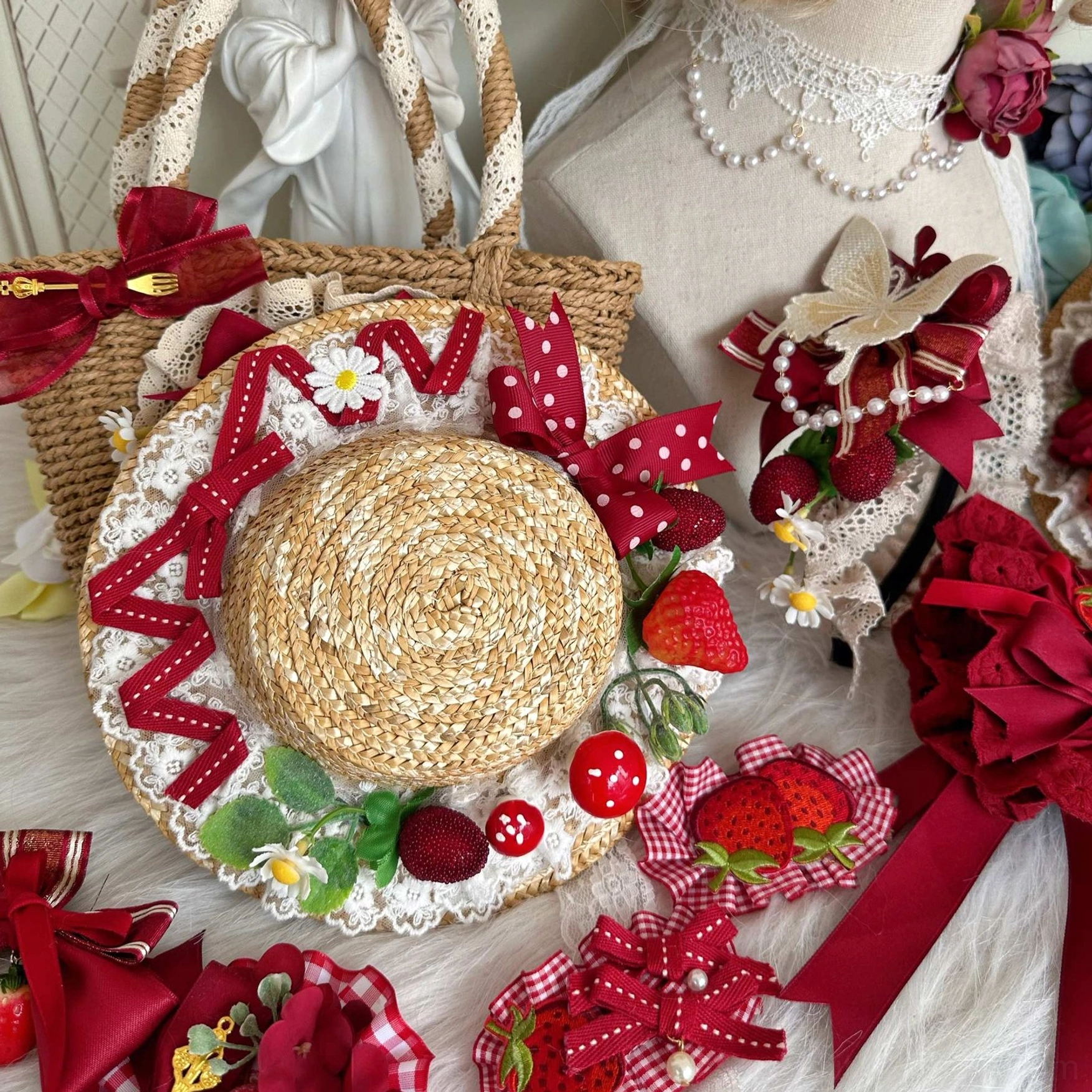 Small straw woven bonnet country Lolita handmade headdress accessory with wine red decorations and strawberry charms