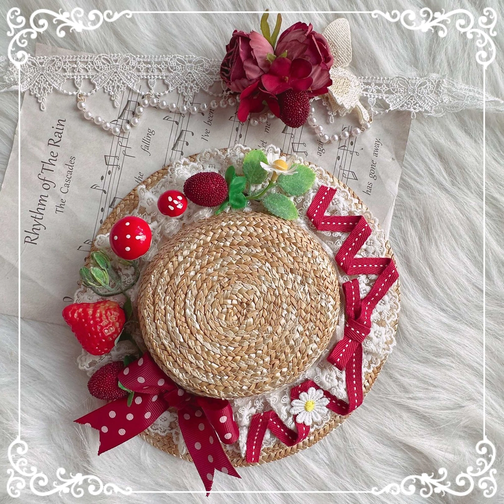 Small straw woven sun hat country Lolita handmade headdress with wine red ribbons strawberry and flower decorations